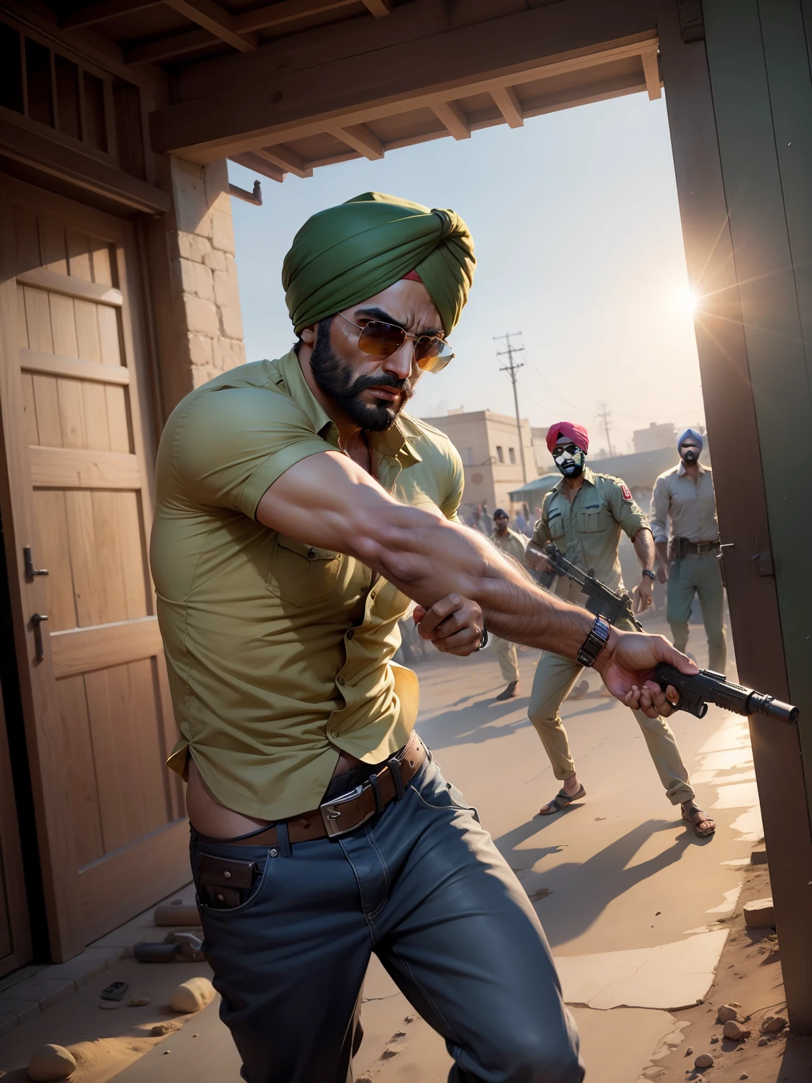 Punjabi man without turban , sunglassas, pistol in hand, fight with another man, jeep