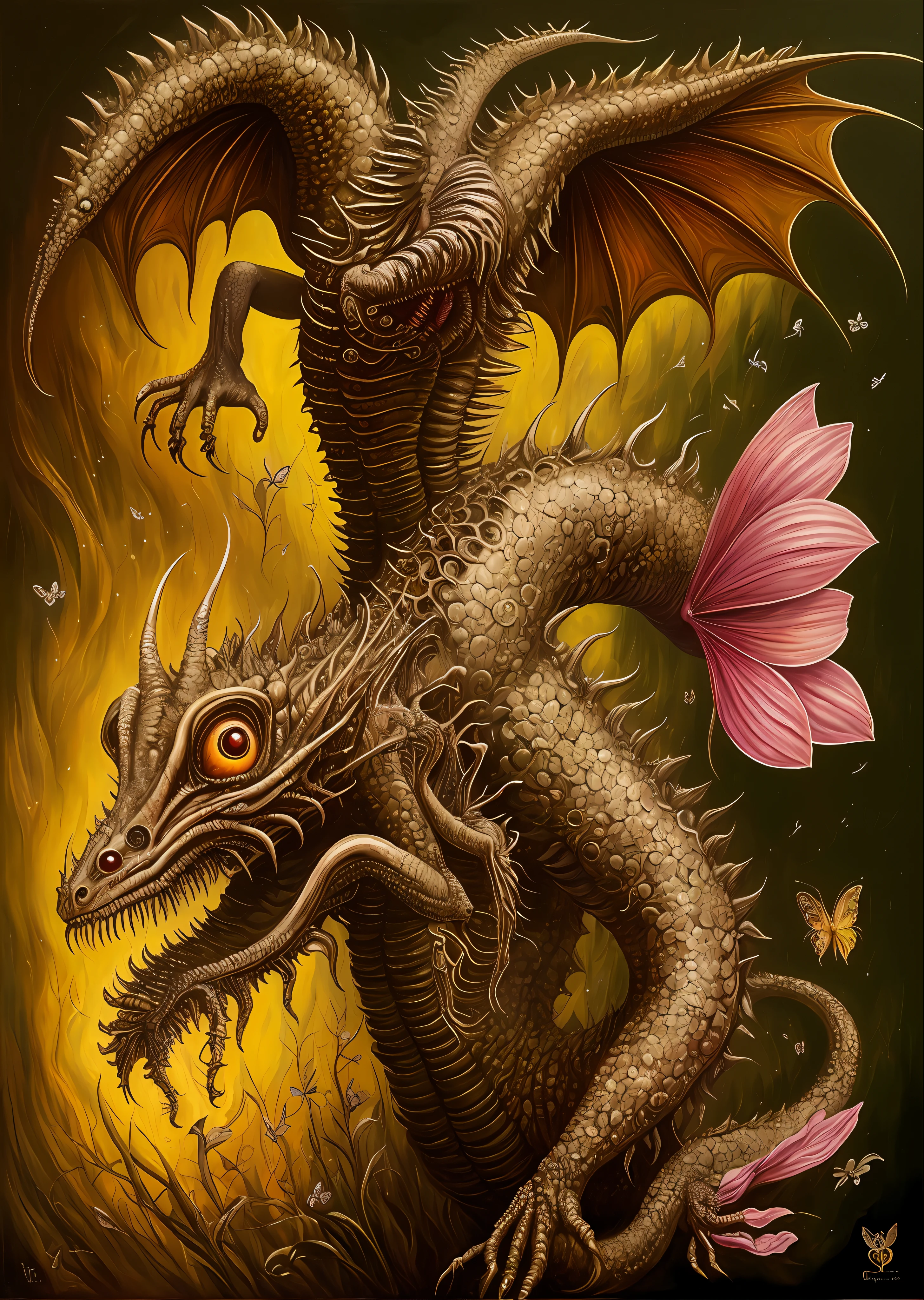 Painting of a dragon with a flower and a butterfly on a dark background, acrylic fantasy on canvas, surreal oil on canvas, Surrealism oil on canvas, oil painting of dragon, Pintura realista de fantasia, surrealist oil painting, pintura surrealista, grande polvo longo da serpente do inferno, Fantasy oil canvas, inspirado em Earnst Haeckel, oil and alien on canvas