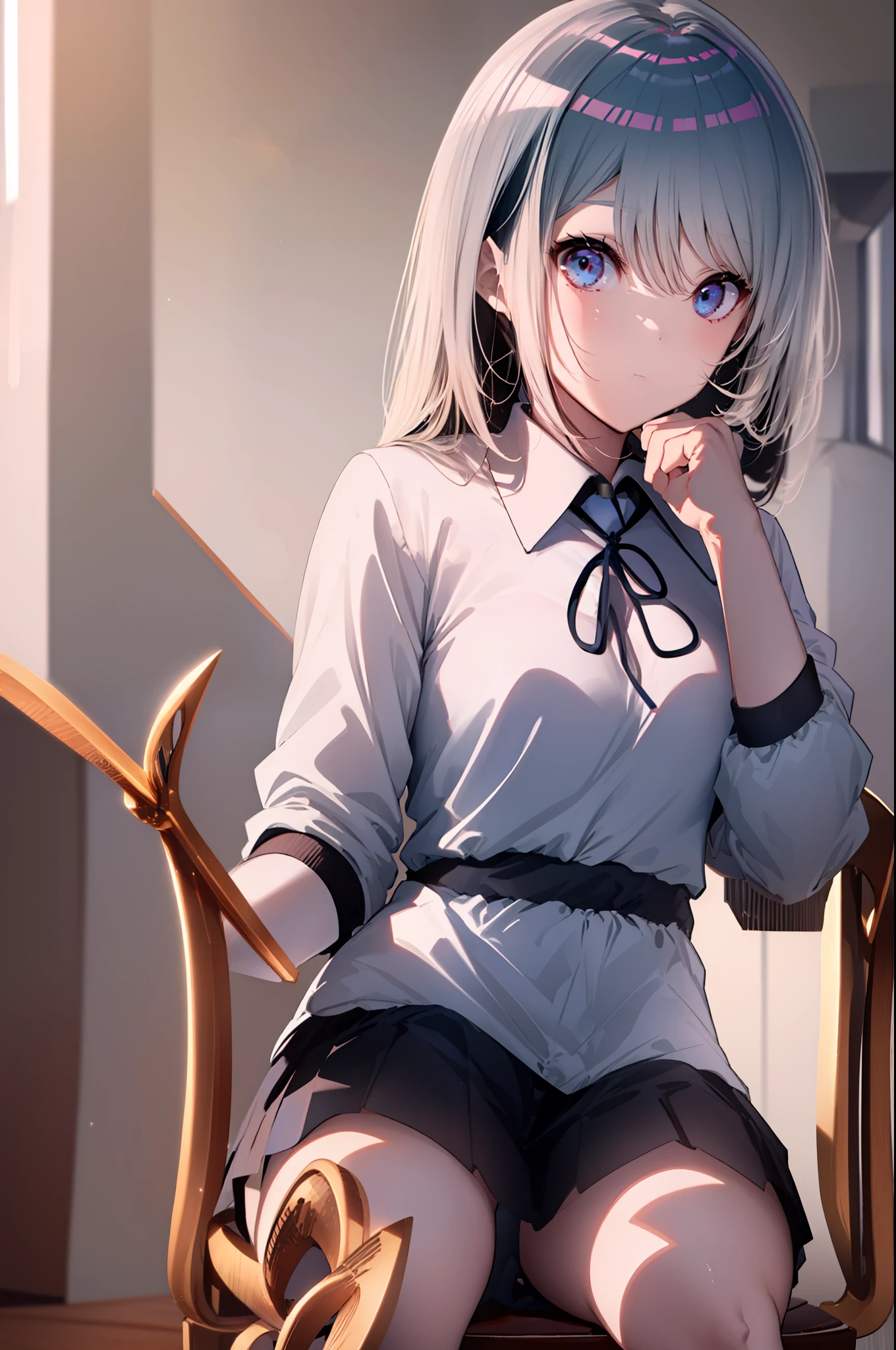 (((((obra-prima))))), (((((melhor qualidade))))), High, ((((1Kei)))), ((((((Ultra-detailed blue hands and eyes)))))), ((((1girl)))), ((Formoso)), ((((meias femininas pretas longas)))), ((((((((((She's sitting on a wooden chair inside a room.)))))))))), ((((((((((Sorriso sombrio feminino e cativante)))))))))), (((((Charismatic))))), (((cabelo longo))), ((((sozinha)))), ((((((Uma garota com cabelo grisalho longo e olhos azuis)))))), (((fita))), (((franja))), (((鎖骨))), ((((cabelo grisalho)))), (((faixa de cabelo preta))), (((neck ribbon))), (((cabelo entre os olhos))), ((((middlebreasts)))),((((There is only one person)))), ((((adolescente de 15 anos)))), (((female school uniform white shirt black jacket open jacket long black pants))), ((((((corpo completo anatomicamente correto)))))), ((((((((((pernas femininas normais cruzadas)))))))))), ((usa sapatos pretos)), ((Ela tem o rosto assustado e confuso)), ((Detailed full scenario)), ((mystery)), ((Tempo tenso)), Postura equilibrada, blush sutil | | |, Pingente de cristal BREAK golden hour, (Rim lighting): 1.2, tons quentes, Brilho solar, sombras suaves, cores vibrantes, painterly effect, dreamy atmosphere BREAK scenic lake, salgueiro, reflection, nuvens iluminadas pelo sol, Tranquil setting, idyllic sunset, Ultra Detalhado, Arte Oficial, Unity 8k papel de parede, Zentangle, mandala