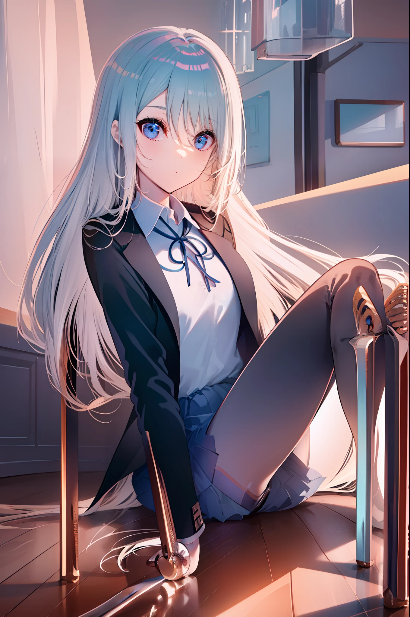 (((((obra-prima))))), (((((melhor qualidade))))), High, ((((1Kei)))), ((((((Ultra-detailed blue hands and eyes)))))), ((((1girl)))), ((Formoso)), ((((meias femininas pretas longas)))), ((((((((((She's sitting on a wooden chair inside a room.)))))))))), ((((((((((Sorriso sombrio feminino e cativante)))))))))), (((((Charismatic))))), (((cabelo longo))), ((((sozinha)))), ((((((Uma garota com cabelo grisalho longo e olhos azuis)))))), (((fita))), (((franja))), (((鎖骨))), ((((cabelo grisalho)))), (((faixa de cabelo preta))), (((neck ribbon))), (((cabelo entre os olhos))), ((((middlebreasts)))),((((There is only one person)))), ((((adolescente de 15 anos)))), (((female school uniform white shirt black jacket open jacket long black pants))), ((((((corpo completo anatomicamente correto)))))), ((((((((((pernas femininas normais cruzadas)))))))))), ((usa sapatos pretos)), ((Ela tem o rosto assustado e confuso)), ((Detailed full scenario)), ((mystery)), ((Tempo tenso)), Postura equilibrada, blush sutil | | |, Pingente de cristal BREAK golden hour, (Rim lighting): 1.2, tons quentes, Brilho solar, sombras suaves, cores vibrantes, painterly effect, dreamy atmosphere BREAK scenic lake, salgueiro, reflection, nuvens iluminadas pelo sol, Tranquil setting, idyllic sunset, Ultra Detalhado, Arte Oficial, Unity 8k papel de parede, Zentangle, mandala