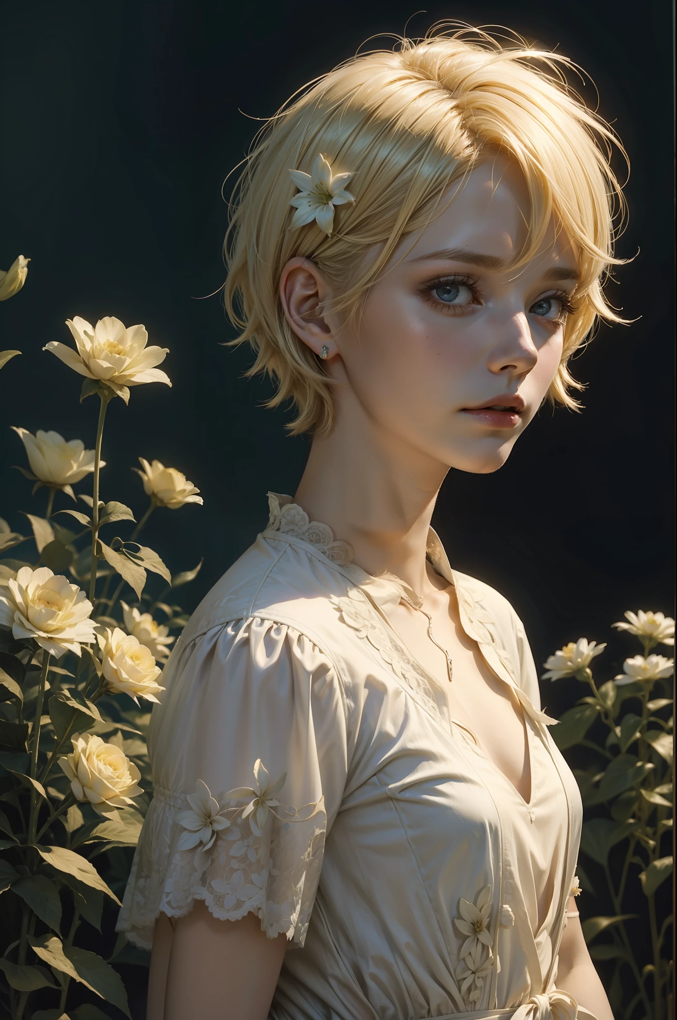 a portrait of a blonde woman 30 years old ((short hair)) stand up, with a flower, sad, artwork Alastair Reynolds, androgynous, ((wearing a dress))
