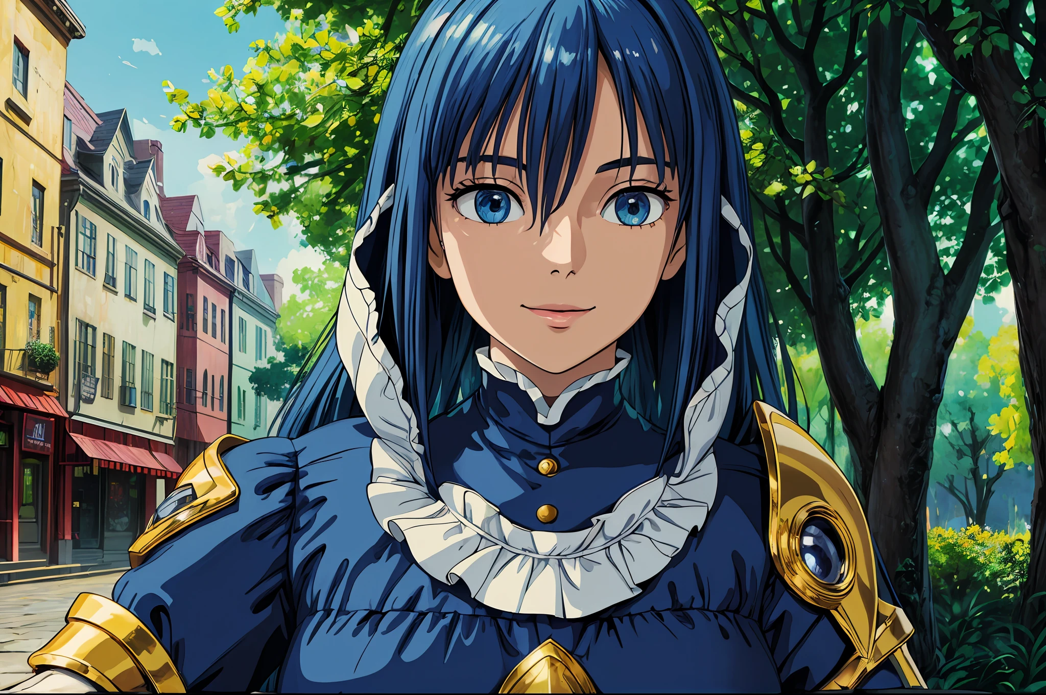 (ultra-detailed CG unity 8k wallpaper, masterpiece, best quality, depth of field, HDR, intricate), ray tracing, vibrant colors, girl, sharp focus, cinematic lighting, detailed outfit, perfect eyes, rich in details and textures, perfect eyes, blue hair, golden eyes, hair between eyes, long hair, outdoors, under tree, smiling, town