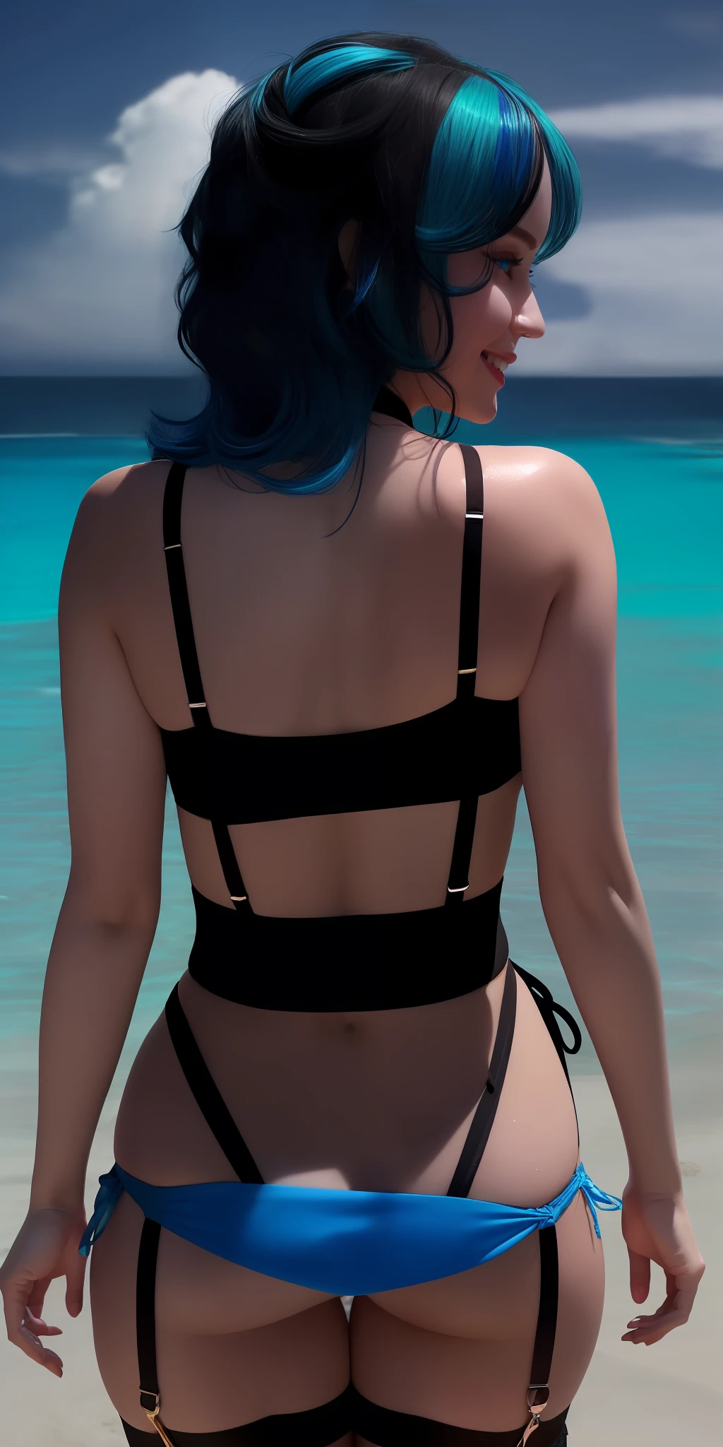 (rear view:1.2) (spoiled:1),(beady big shining blue eyes:1.3), ( black bikini:1.5),(drooping eyes:1.4), (beautiful beach:1.9), (thin lips:1.5),(big breasts:1.5),round face,(innocent:1.5),(blue hair:1.5), (looking at viewer:1),(smiling:1.3),(happy:1.2),lovely,( black garter belt:1.5),(1girl),(open mouth:1.4),(delicate touch),(8k),(4k),(absurdres),perfect lighting,charming,realistic,sexy pose, alluring, clean, beautiful face, pure face,pale skin,wet, sweat, Occidental face