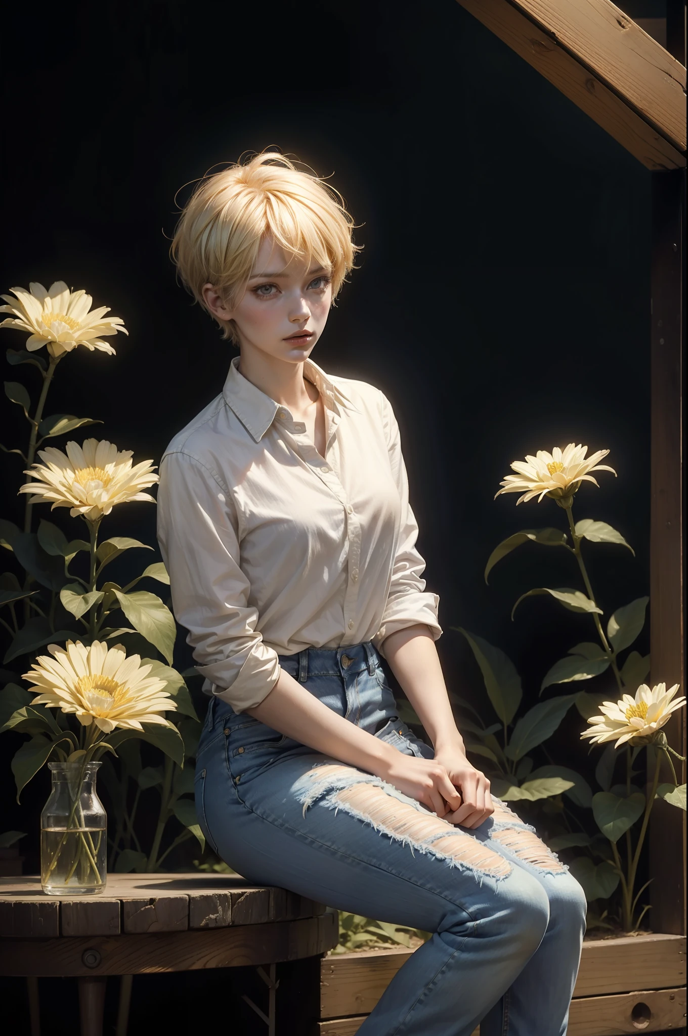 a portrait of a blonde woman 30 years old ((short hair)) stand up, with a flower, sad, artwork Alastair Reynolds, androgynous, ((wearing a shirt and jeans))