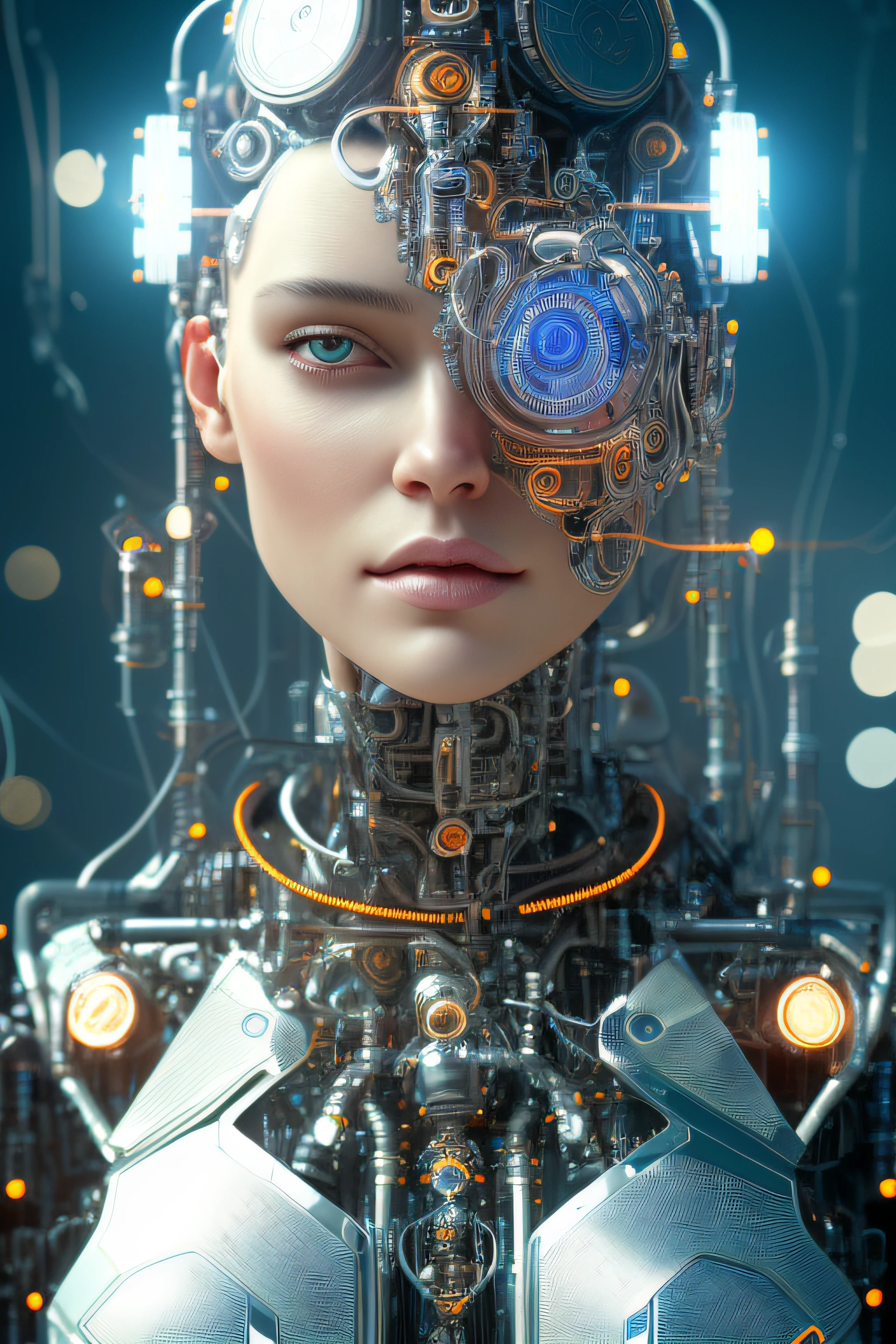 full body cyborg| full-length portrait| detailed face| symmetric| steampunk| cyberpunk| cyborg| intricate detailed| to scale| hyperrealistic| cinematic lighting| digital art| concept art| mdjrny-v4 style