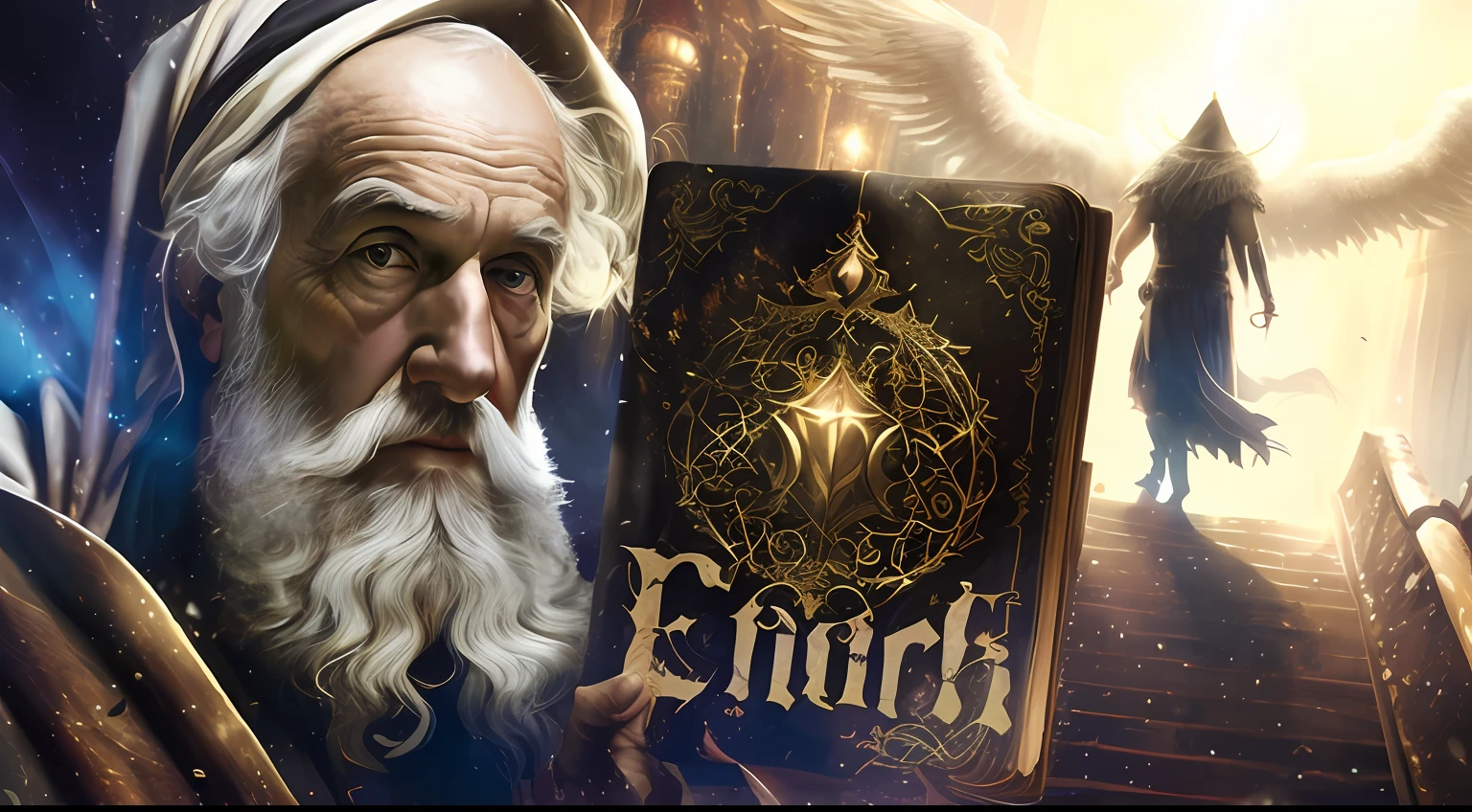 an old man with a white beard and a book in his hand, Victor Einrich, Abominations of Eldricht, Directed by: Joseph von Führich, Tolkien e Michael Komarck, inspirado em Melchior Lorck, epic fantasy novel cover art, Capa de livro de fantasia, Ivan Obra de Arte Plusch, Directed by: Kurt Roesch, Eldritch Deus