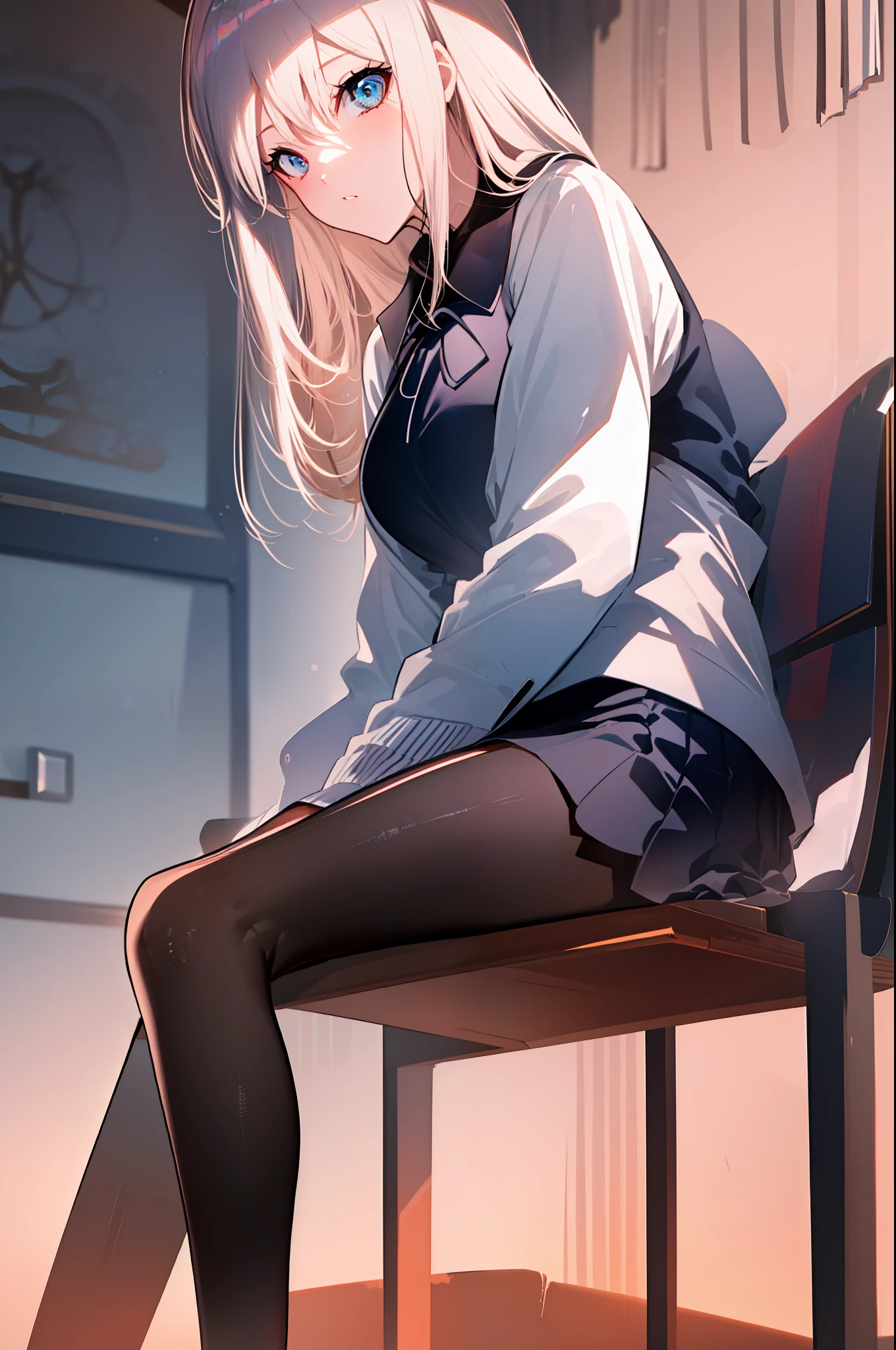(((((obra-prima))))), (((((melhor qualidade))))), High, ((((1Kei)))), ((((((Ultra-detailed blue hands and eyes)))))), ((((1girl)))), ((Formoso)), ((((((((((meias femininas pretas longas)))))))))), ((((((((((She's sitting on a wooden chair inside a room.)))))))))), ((((((((((Sorriso feminino e cativante)))))))))), (((((Charismatic))))), (((cabelo longo))), ((((sozinha)))), ((((((Uma garota com cabelo grisalho longo e olhos azuis)))))), (((fita))), (((franja))), (((鎖骨))), ((((cabelo grisalho)))), (((faixa de cabelo preta))), (((neck ribbon))), (((cabelo entre os olhos))), ((((middlebreasts)))),((((There is only one person)))), ((((adolescente de 15 anos)))), (((female school uniform white shirt black jacket open jacket long black pants))), ((((((corpo completo anatomicamente correto)))))), ((((((((((pernas femininas normais cruzadas)))))))))), ((usa sapatos pretos)), ((Ela tem o rosto assustado e confuso)), ((Detailed full scenario)), ((mystery)), ((Tempo tenso)), Postura equilibrada, blush sutil | | |, Pingente de cristal BREAK golden hour, (Rim lighting): 1.2, tons quentes, Brilho solar, sombras suaves, cores vibrantes, painterly effect, dreamy atmosphere BREAK scenic lake, salgueiro, reflection, nuvens iluminadas pelo sol, Tranquil setting, idyllic sunset, Ultra Detalhado, Arte Oficial, Unity 8k papel de parede, Zentangle, mandala
