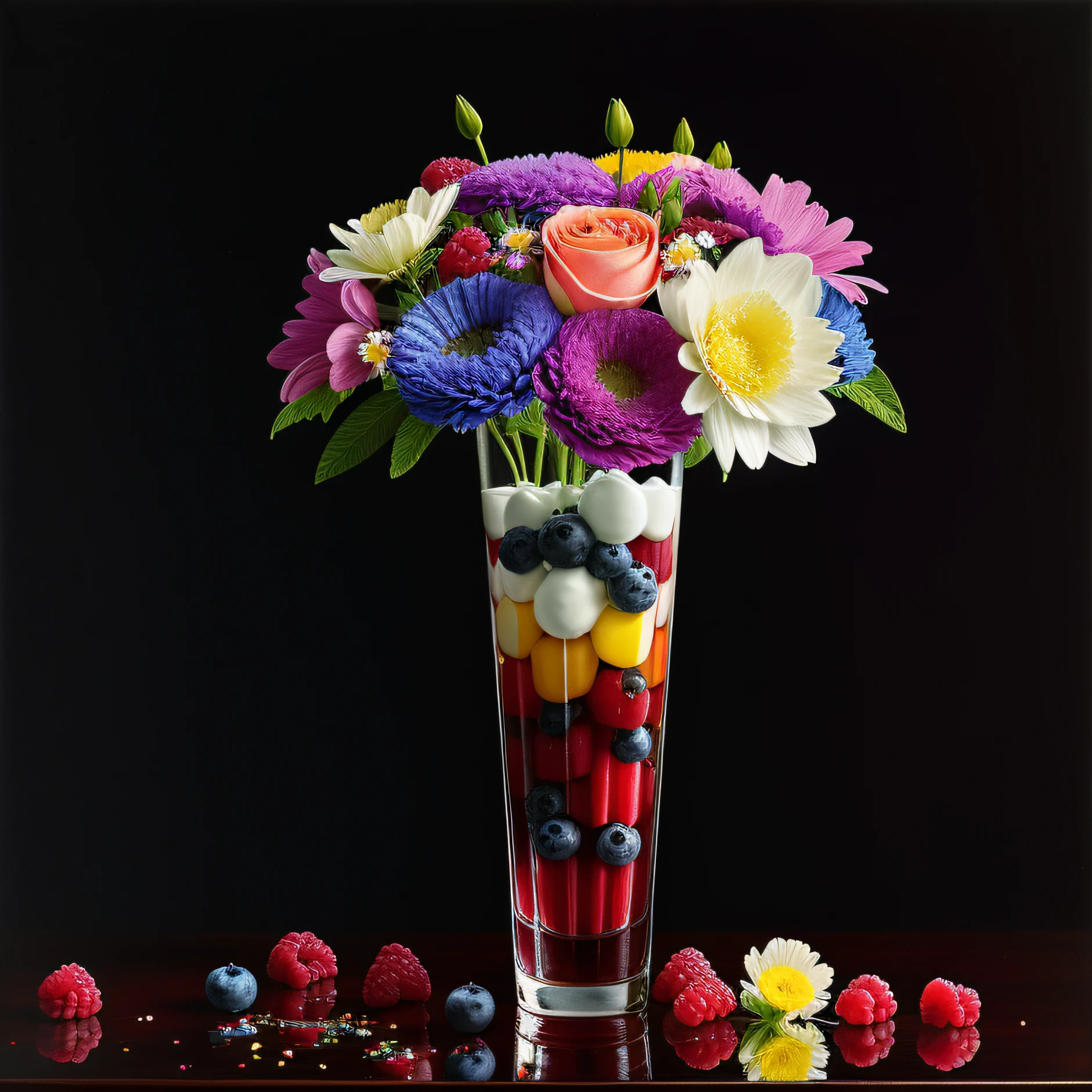 colorful flowers on table,
knickerbocker glory, tall thin glass, colorful ice cream, purple ice cream, raspberries, couli, blueberries, chopped chocolate, icing sugar, intricate, oil on canvas, masterpiece, expert, insanely detailed, 4k resolution, splash art, concept art, composition, framing, delicate features,