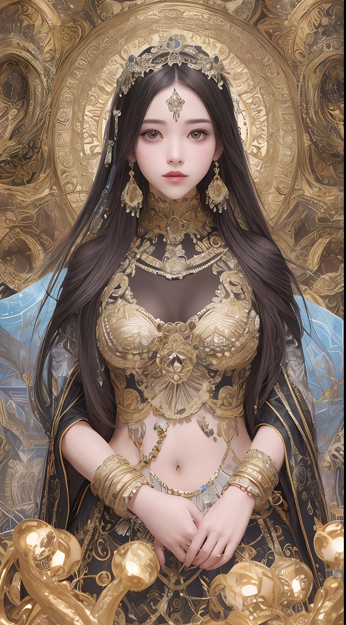 (masterpiece, top quality, best quality, official art, beautiful and aesthetic:1.2), (1girl), extreme detailed,colorful,highest detailed, official art, unity 8k wallpaper, ultra detailed, beautiful and aesthetic, beautiful, masterpiece, best quality, (zentangle, mandala, tangle, entangle) ,holy light,gold foil,gold leaf art,glitter drawing, PerfectNwsjMajic