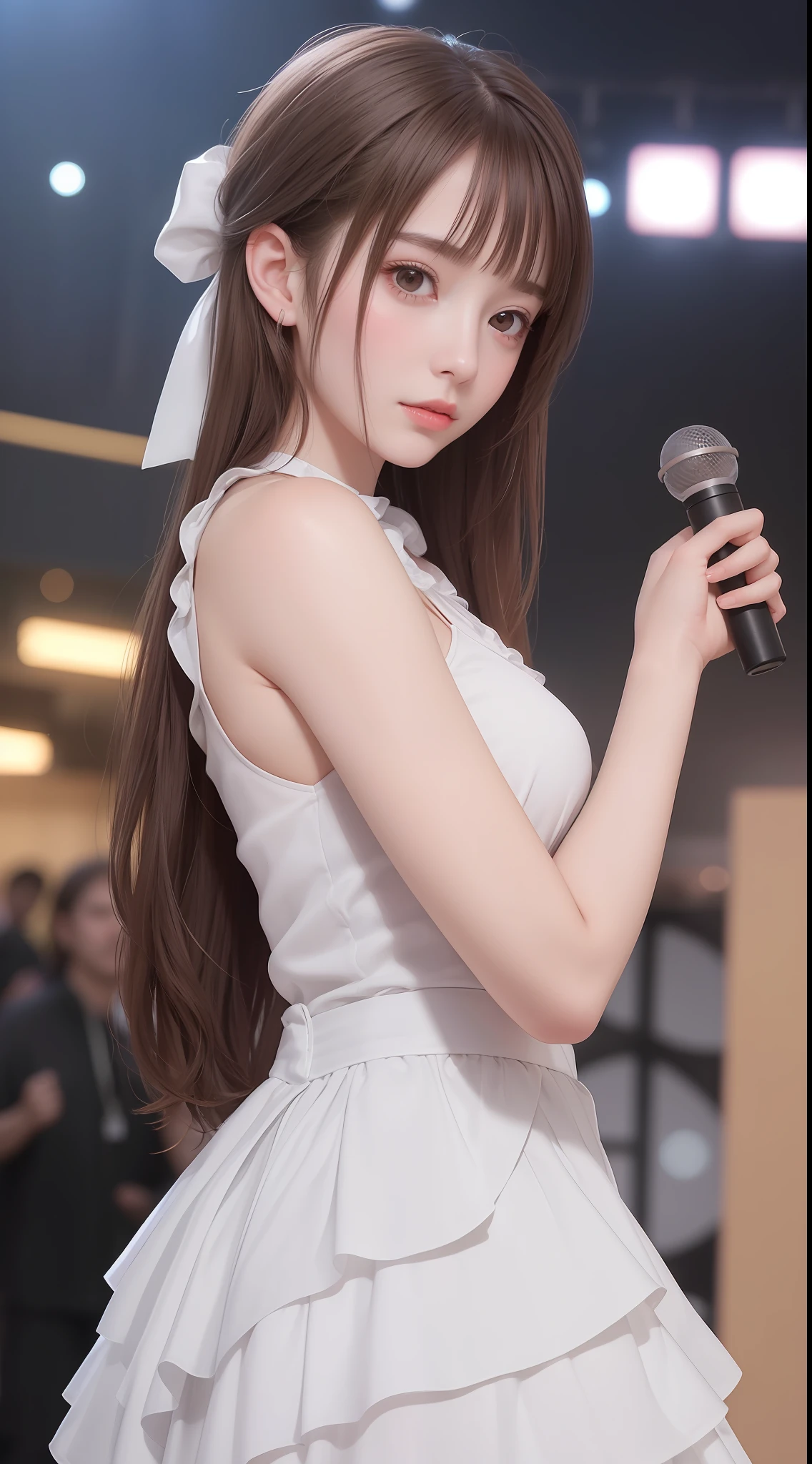 4K Ultra HD, Masterpiece, Very high quality, A girl, Age 20 years girl, Good face, Smooth face, Detailed eyes, Beautiful hair, Very long hair, Hair Band, Cute look, White party attire, White dress, night club, Party lighting, in club, be on stage, Full body capture,