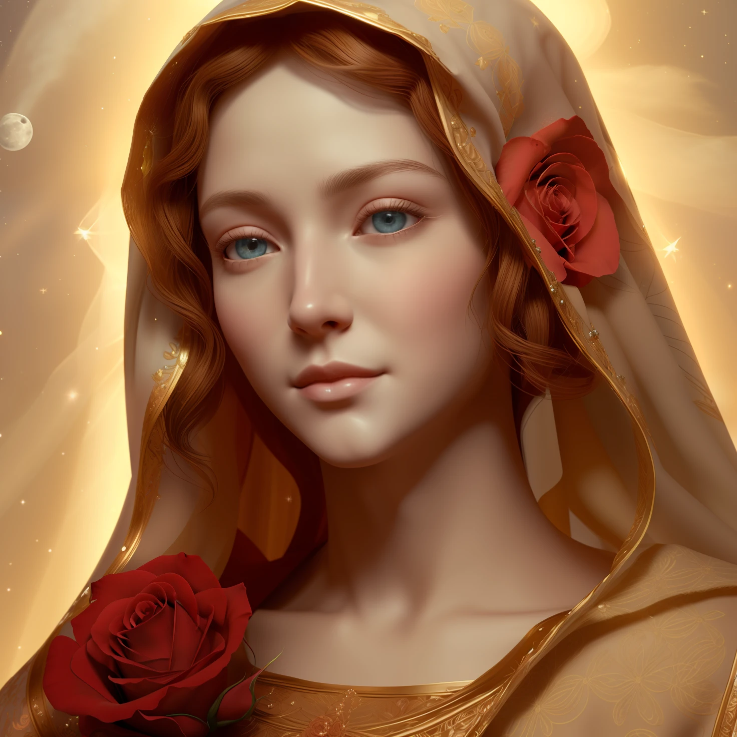 (((Holy virgin mary mystical rose))) Masterpiece, (Best quality: 1.2), (Super fine: 1.2), Illustration, (Extremely delicate and beautiful: 1.2), Film angle, Floating, (Beautiful detail eye: 1.1), (Detail Light: 1.1), Film lights, Delicate sky, Blue eyes, (High ponytail: 1.1), Layer, Bright eyes, (Moon: 1. 2), (Moonlight: 1.1), Starry sky, (Light particles: 1.1) drawing, blossom. (masterpiece), (best quality), (photorealistic:1.3), 8k, detailed skin texture, detailed cloth texture, beautiful detailed face, intricate details, ultra detailed (full-length body:1.2)