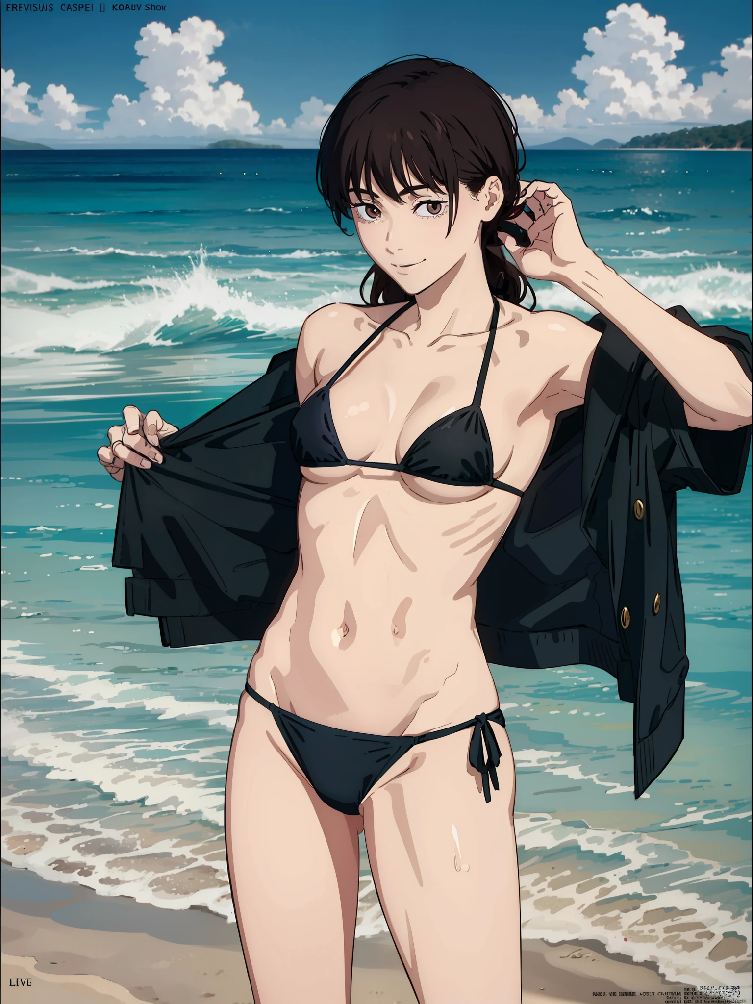 1girl,((sexi bikini,micro bikini)), cuerpo completo, flaco, en la playa, ((Portada de la revista)), small boobs, Kobeni, vello pubic,muslos gruesos,caderas anchas,Obra maestra, La mejor calidad,topos, pelota de playa,brown eyes,Shy look, leve sonrisa, coy smile ,Mirando al espectador,playa europea,arena blanca