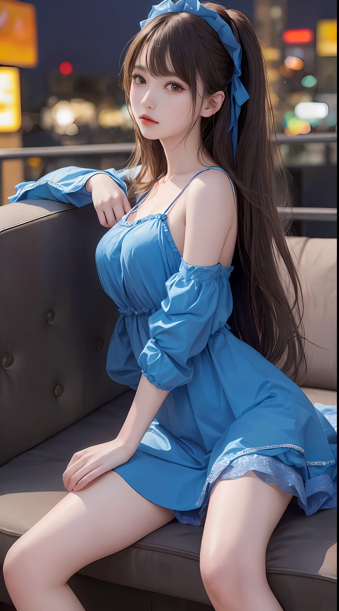 4K Ultra HD, Masterpiece, Very high quality, A girl, Age 20 years girl, Good face, Smooth face, Detailed eyes, Beautiful hair, Very long hair, Hair Band, Cute look, Blue party costume, Blue dress, night club, Different lighting, Sit Pose, Full body capture