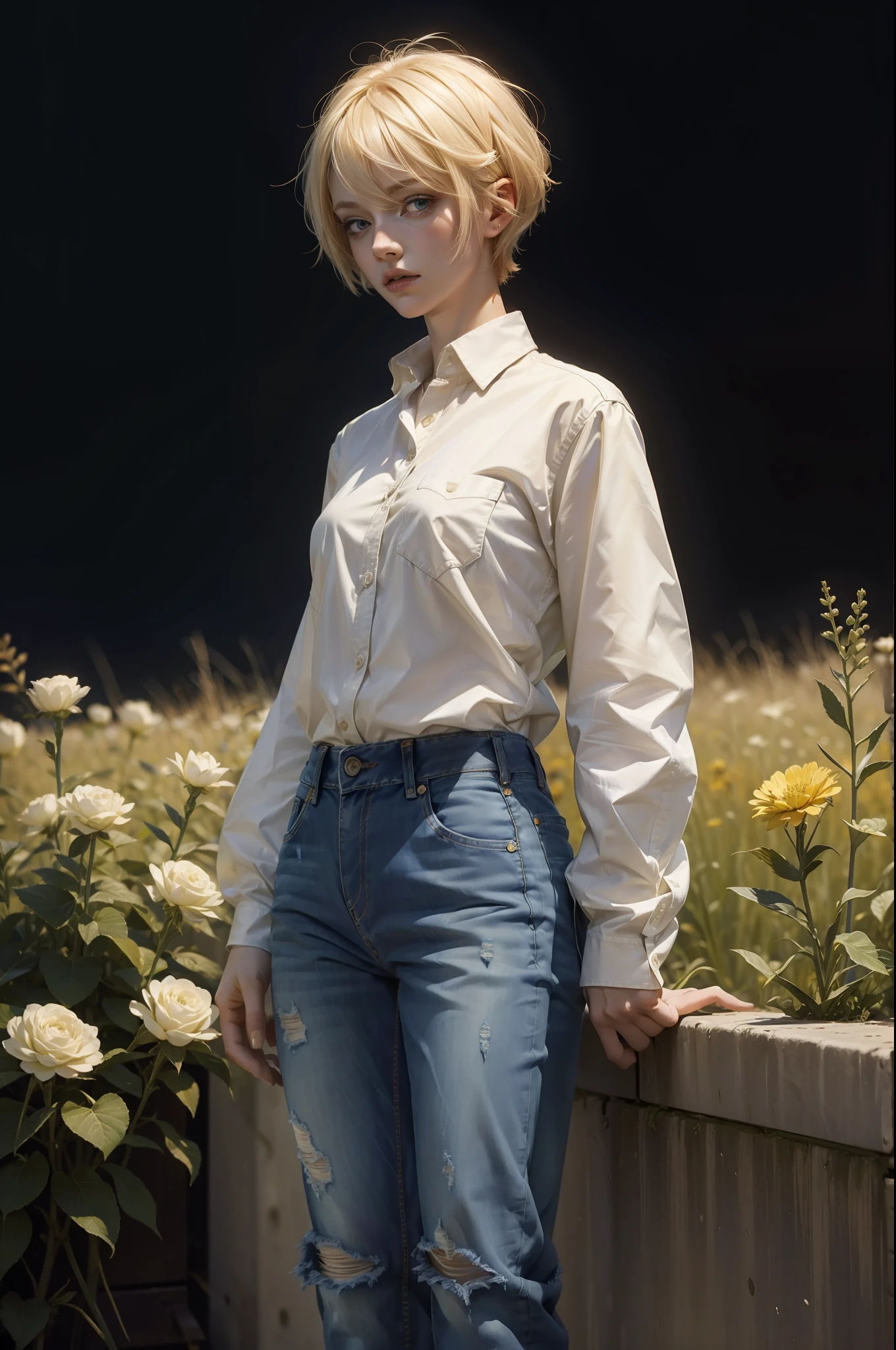 a portrait of a blonde woman 30 years old ((short hair)) stand up, with a flower, sad, artwork Alastair Reynolds, androgynous, ((wearing a shirt and jeans))