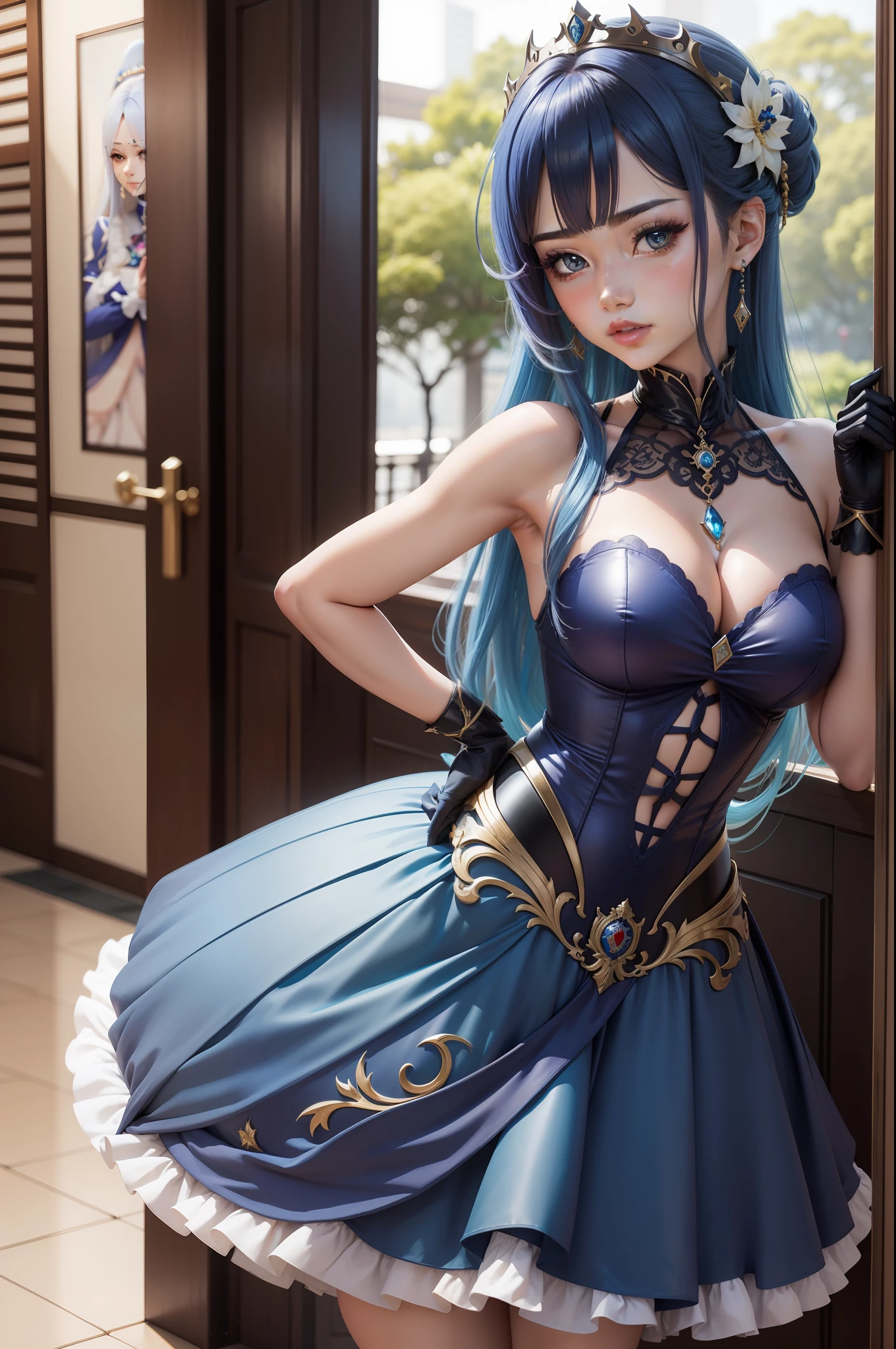 Mulher, Estilo Anime, Genshin Impact, Estilo Princesa, Bem Delicada,  Pose de Batalha, Cabelos Azuis, Roupa azul