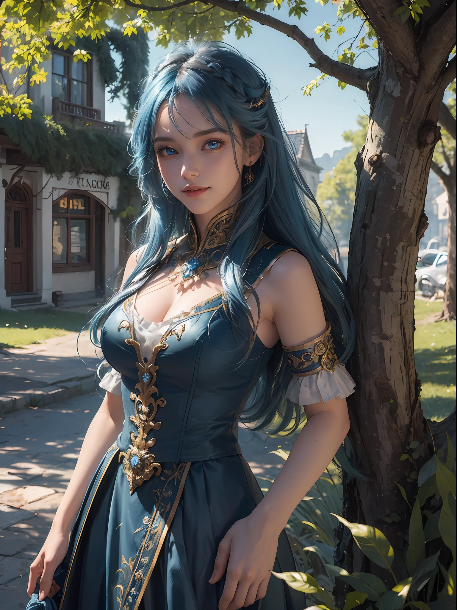 (ultra-detailed CG unity 8k wallpaper, masterpiece, best quality, depth of field, HDR, intricate), ray tracing, vibrant colors, girl, sharp focus, cinematic lighting, detailed outfit, perfect eyes, rich in details and textures, perfect eyes, blue hair, golden eyes, hair between eyes, long hair, outdoors, under tree, smiling, town