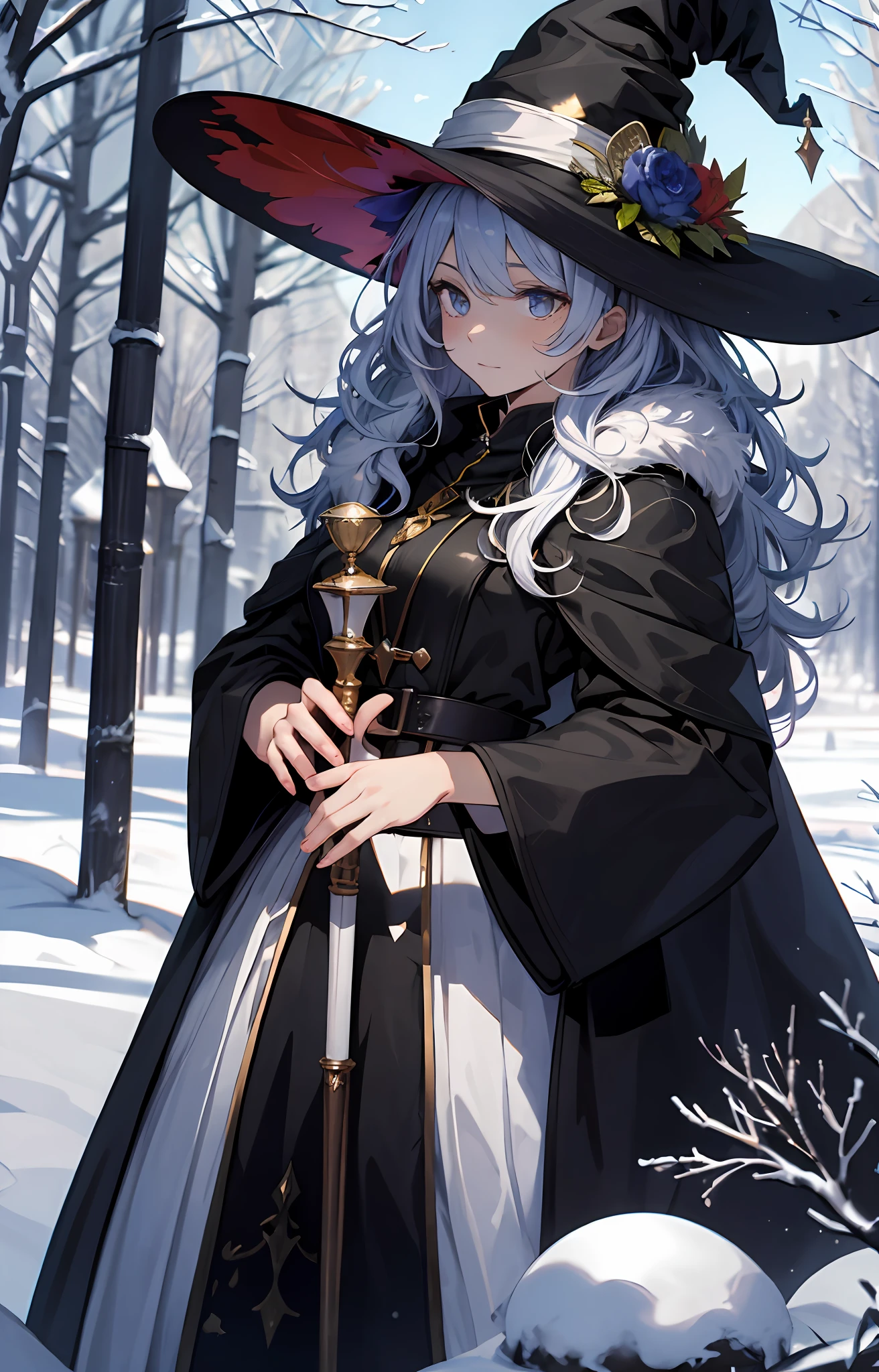 best qualityer,tmasterpiece,Ultimate resolution,downy,Extremely colorful,Colorful,The Witch,Long silver-blue hair,hair-bun,a matural female,Witch robes,Magic Hat,sceptre,snow country,Lost snow,Normal posture