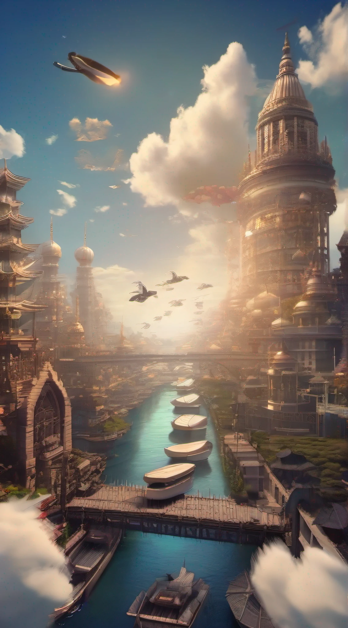 (tmasterpiece,Best quality at best,Beautiful quality,shadowing,8K:1.2),Skysky, 城市, Aerial boats, wings, flight, Clouds, Buildings, skylines, Music, Technologie, afar, fanciful, liberta, dream