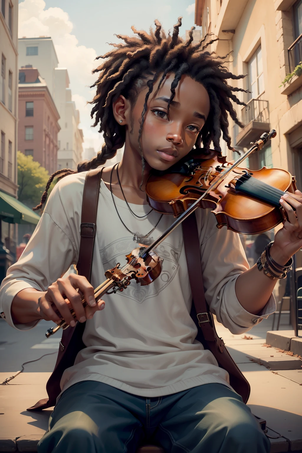 Once upon a time, in a city filled with rhythm and harmony, lived a young African American black boy, with medium dreads named Finn. Finn was a gifted violinist. The melodies he played had the power to captivate any listener as if speaking directly to their heart.