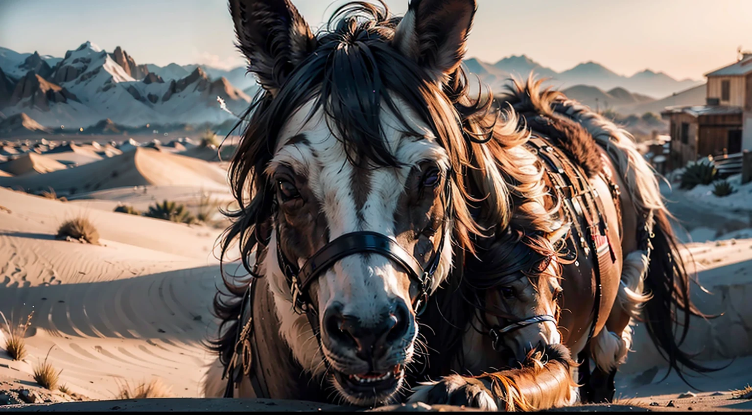 "Deslumbre-se com a imagem de um burro filhote cativante e de olhar marcante. Create a highly realistic and detailed depiction of this adorable animal in a desert environment. It captures his soft expression and deep gaze that reflects his curiosity and sweetness. Garanta uma qualidade 4K para que cada detalhe do pelo, The eyes and the surrounding environment are vivid and engaging. This image will surely convey the charming essence of the donkey."