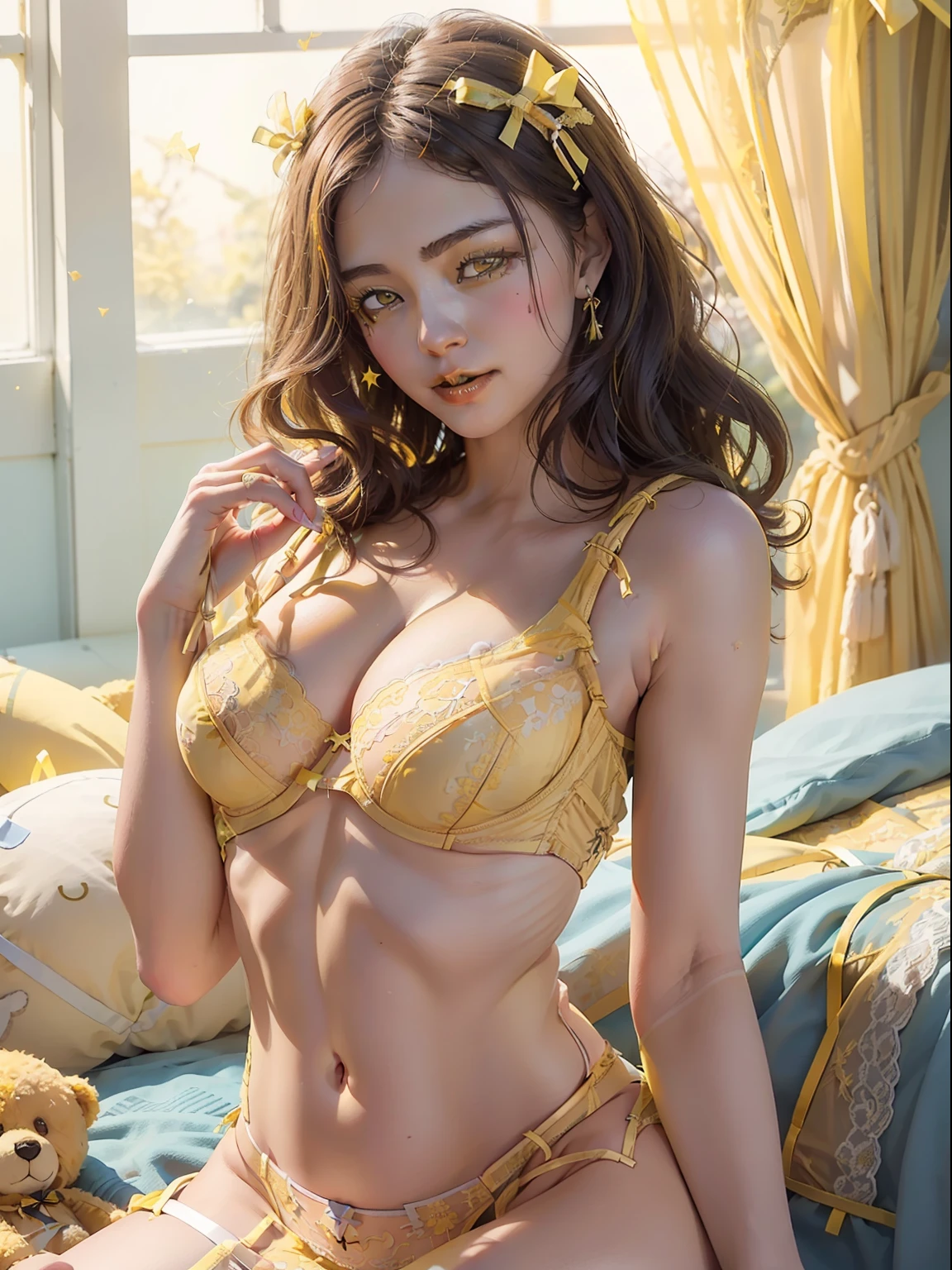 Toy, teddy bear, toy box, Best quality, 4k, girl, (yellow lingerie:2), bra, underwear, simple underwear, no patterned underwear, skyblue colored decoration, white confetti, (glowing skin:1.5), white decoration, internal light, soft light, smooth skin, fashion magazine cover, realistic photography, cotton decoration, skyblue colored balls, star shaped decoration,