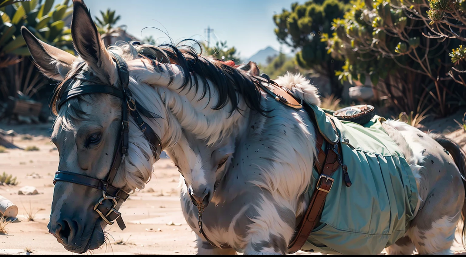 "Deslumbre-se com a imagem de um burro filhote cativante e de olhar marcante. Create a highly realistic and detailed depiction of this adorable animal in a desert environment. It captures his soft expression and deep gaze that reflects his curiosity and sweetness. Garanta uma qualidade 4K para que cada detalhe do pelo, The eyes and the surrounding environment are vivid and engaging. This image will surely convey the charming essence of the donkey."