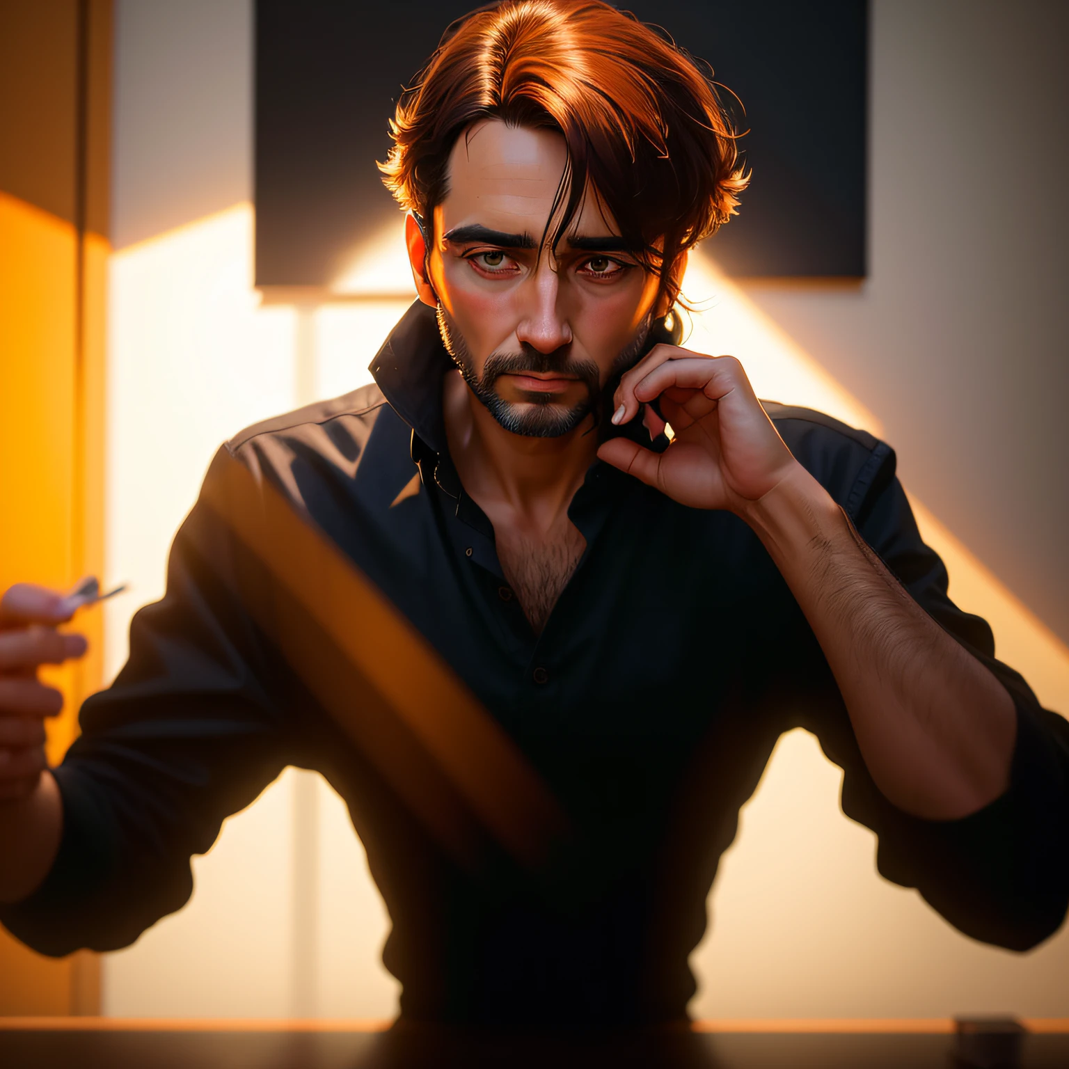 (pintura digital), (melhor qualidade) Silhouette of a man, someone controlling objects as if it were puppets;. The focus should be on the person's hand. Rosto completamente preto e mostrando apenas olhos vermelhos. 8k, ultra realistic.