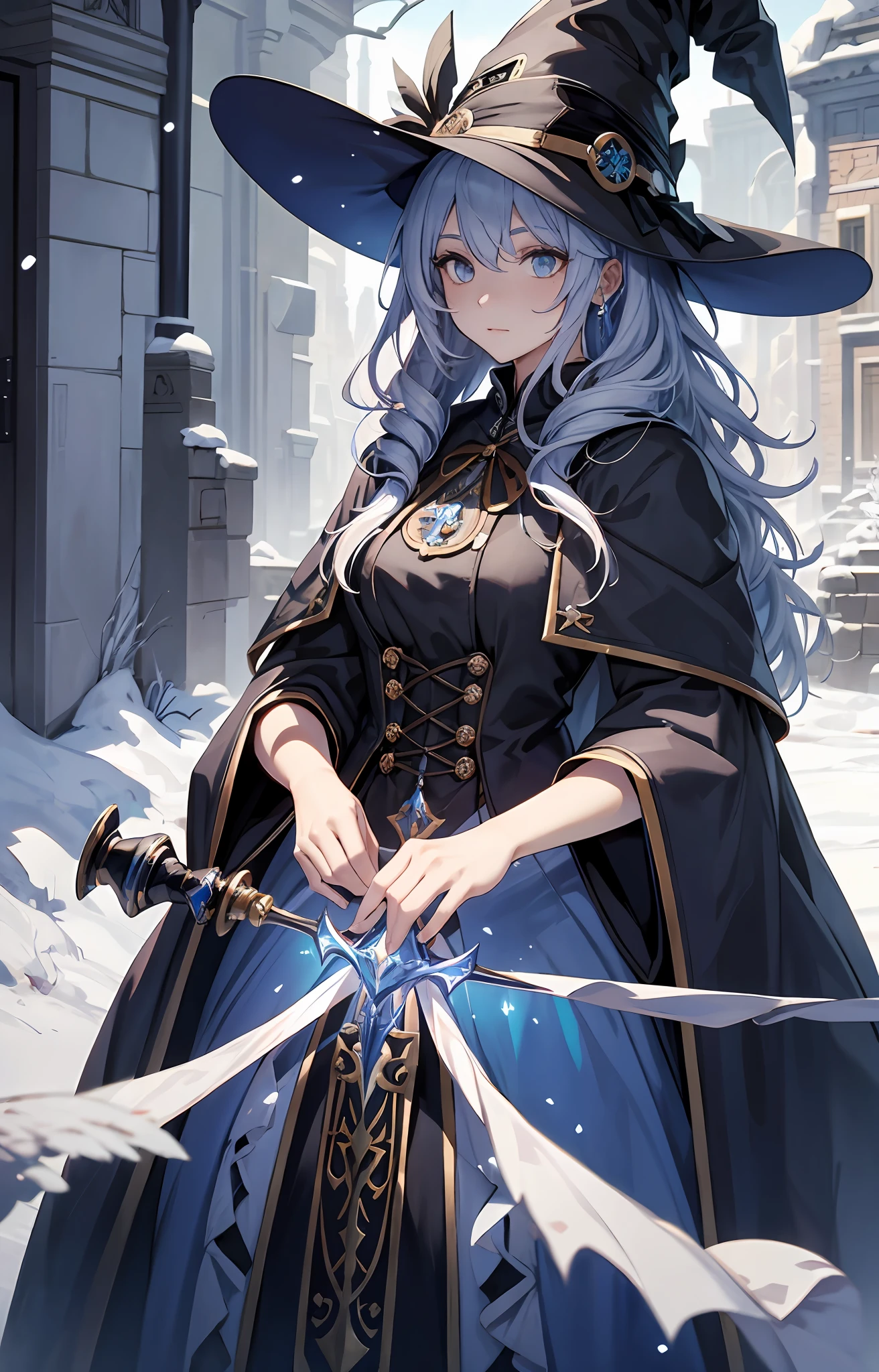best qualityer,tmasterpiece,Ultimate resolution,downy,Extremely colorful,Colorful,The Witch,Long silver-blue hair,hair-bun,a matural female,Witch robes,Magic Hat,sceptre,snow country,Lost snow,Normal posture