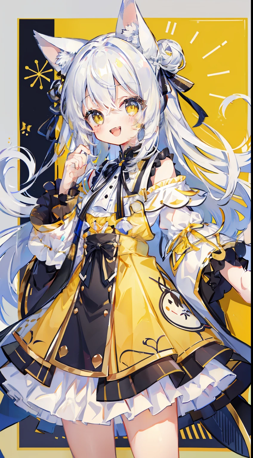 cute little、​masterpiece、top-quality、Top image quality、white  hair、black ribbon on the head、Twin-tailed、yellow  eyes、Shoulder-length clothing、A smile、Laugh、double tooth、