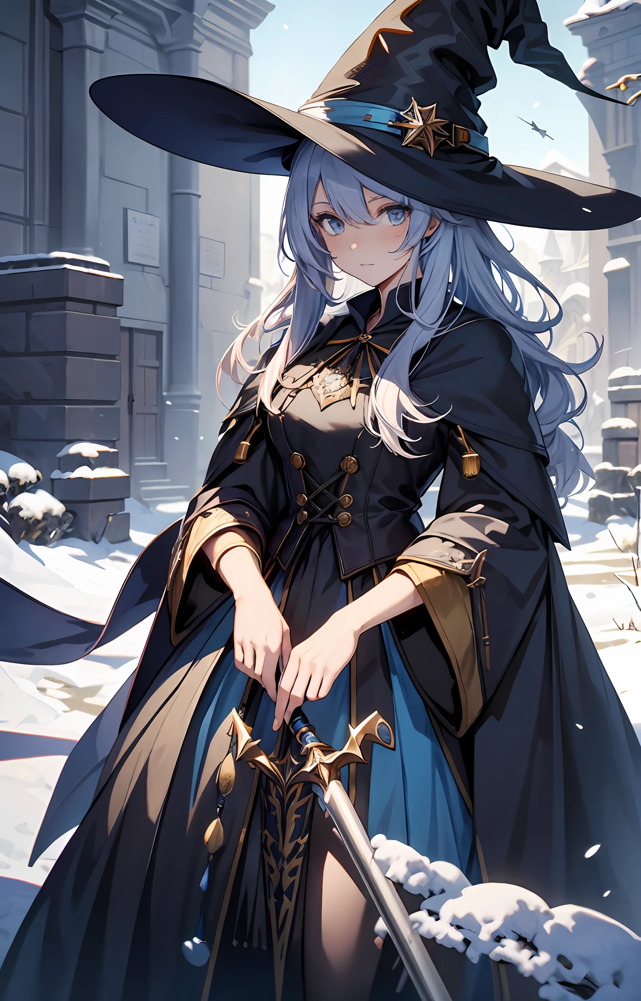 best qualityer,tmasterpiece,Ultimate resolution,downy,Extremely colorful,Colorful,The Witch,Long silver-blue hair,hair-bun,a matural female,Witch robes,Magic Hat,sceptre,snow country,Lost snow,Normal posture