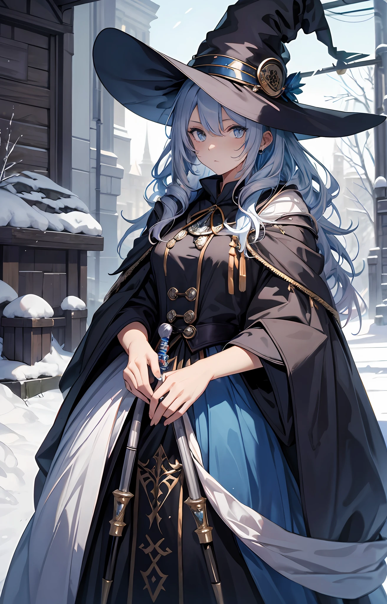 best qualityer,tmasterpiece,Ultimate resolution,downy,Extremely colorful,Colorful,The Witch,Long silver-blue hair,hair-bun,a matural female,Witch robes,Magic Hat,sceptre,snow country,Lost snow,Normal posture