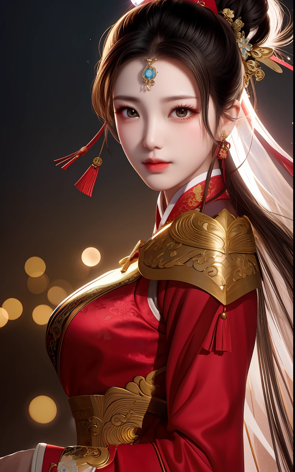 Black hair Double ponytail Back sword Sword glows golden cheongsam Hand detail Expression serious but gentle Sky background