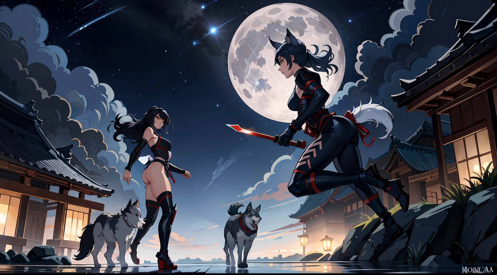a skilled sexy and beautiful ninja woman is walking on a Japanese castle roof silently with his gray wolf dog companion, 1 ninja woman, 1 gray wolf dog Night, Clear sky, Stars, full moon, high-resolution, ultra definition, masterpiece, 8k, intricate details, volumetric lighting, compositing dynamic, 2D anime style