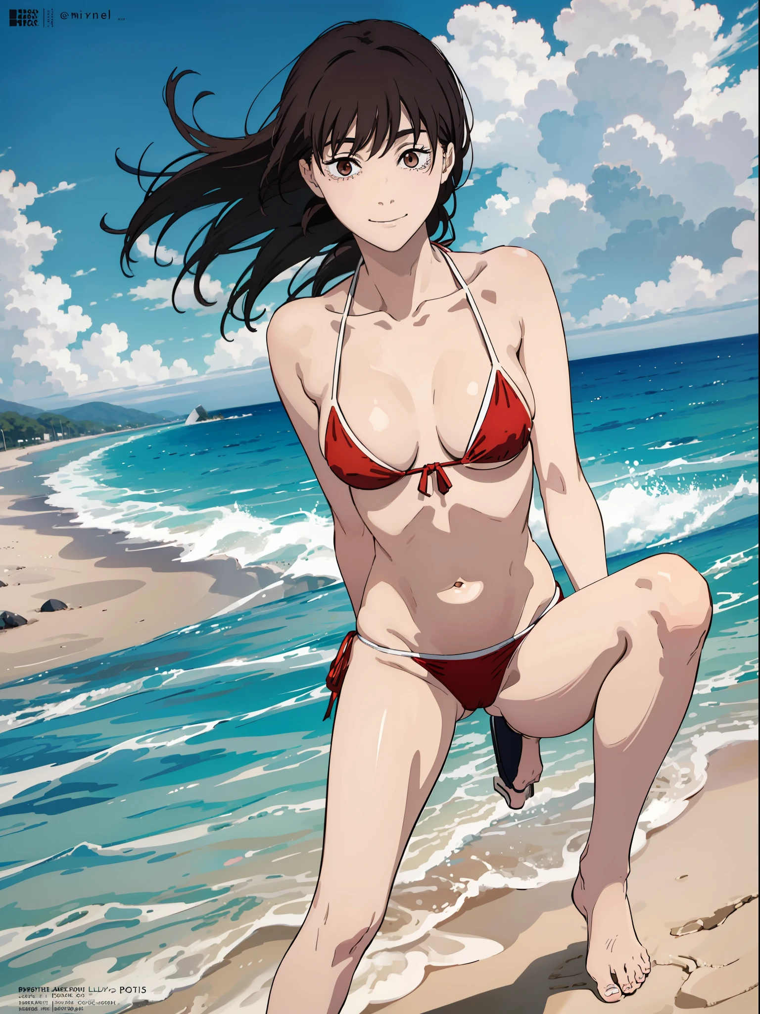 1girl,((sexi bikini,micro bikini)), cuerpo completo, flaco, en la playa, ((Portada de la revista)), small boobs, Kobeni, vello pubic,muslos gruesos,caderas anchas,Obra maestra, La mejor calidad,sentada de piernas abiertas en la arena,pelota de playa,brown eyes,Shy look, leve sonrisa, coy smile ,Mirando al espectador,playa europea,arena blanca