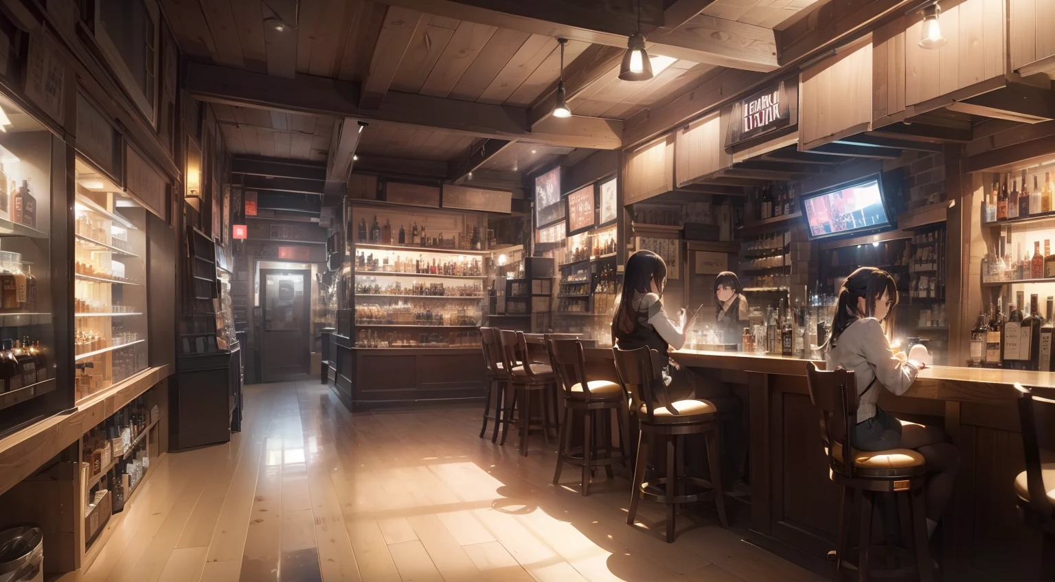 Inside the store without people、a bar counter、alcohol、whiskey、Dark interior、shop front、(8K、top-quality、masterpiece:1.2)、(realisitic、Photoreal:1.37、ren、Beautiful fece、Professional Writing、Photon mapping、physically-based renderingt、wide Shots、