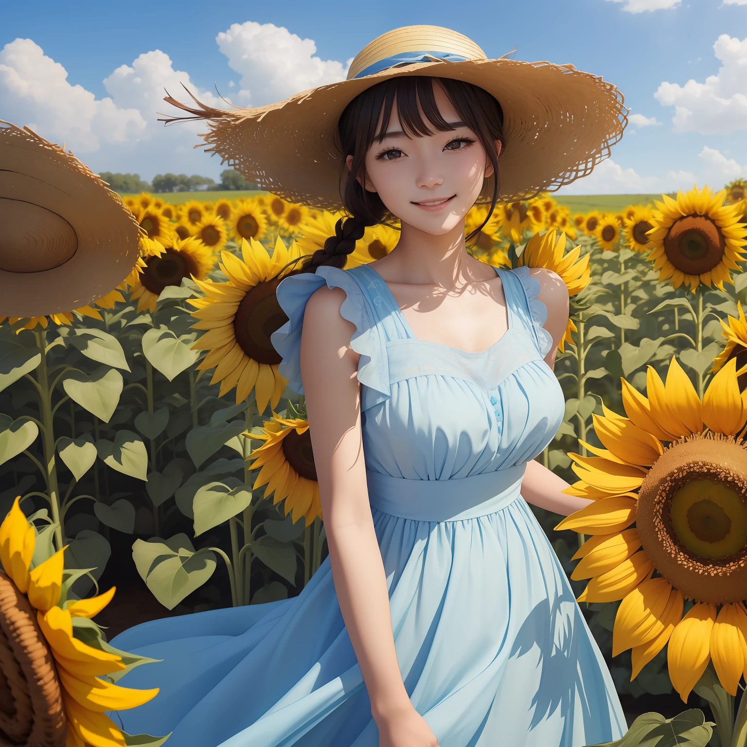 (masterpiece)8K分辨率、top-quality、Woman with a bouquet of sunflowers、The light blue dress flutters in the breeze、Beautiful woman smiles gently、Nice Buddy、Brown twin tails、Straw hat on the decoration of the head、Background is a garden with blue sky and sunflowers and colorful flowers、