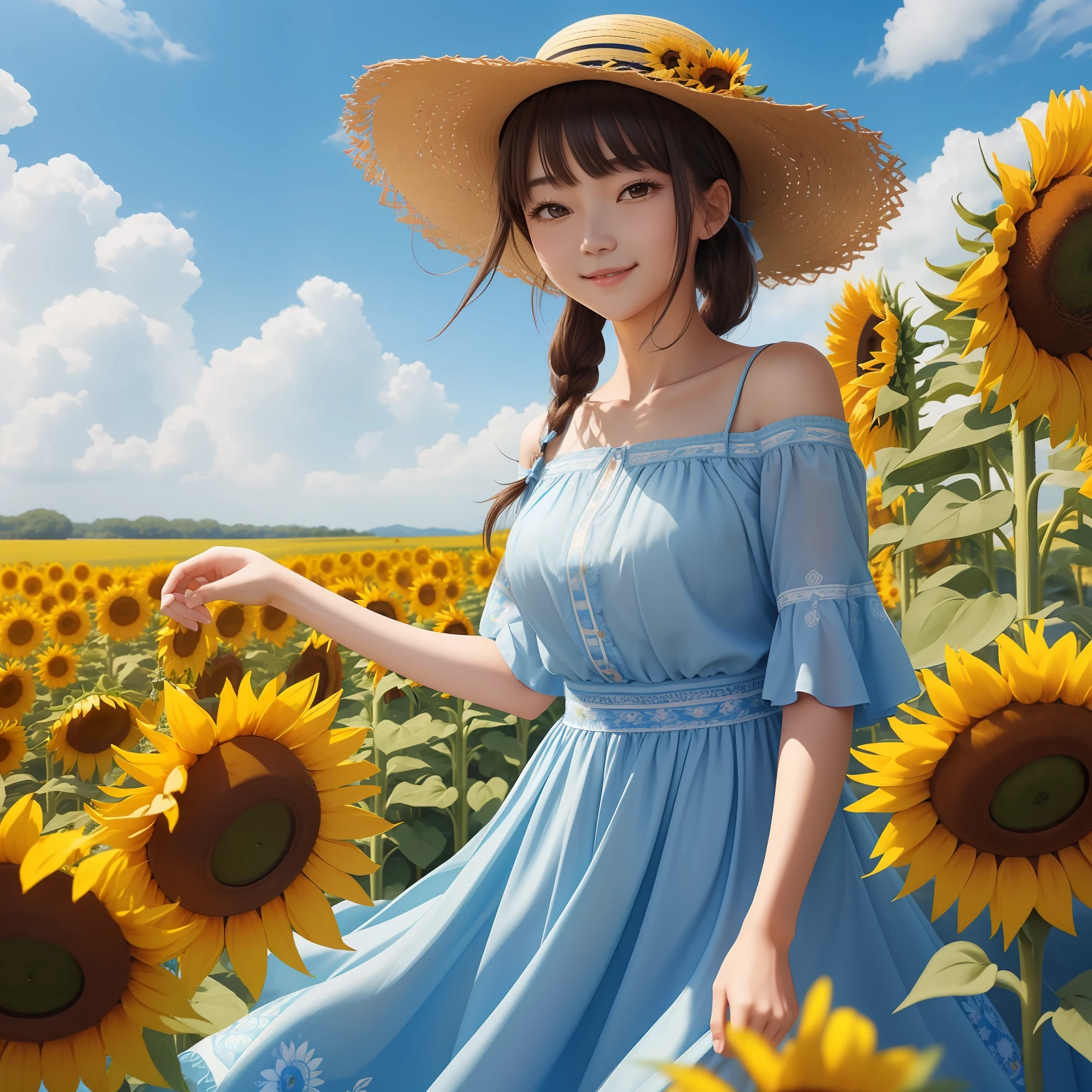 （​masterpiece）8K分辨率、top-quality、Woman with a bouquet of sunflowers、The light blue dress flutters in the breeze、Beautiful woman smiles gently、Nice Buddy、Brown twin tails、Straw hat on the decoration of the head、Background is a garden with blue sky and sunflowers and colorful flowers、