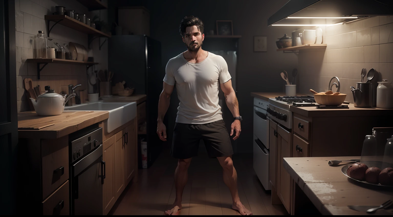 ultra realistic image, 8k, of a 37 year old man, short black hair, dressed in a simple white t-shirt and black shorts, scared, standing in a humble kitchen of a farmhouse, night, completely dark environment