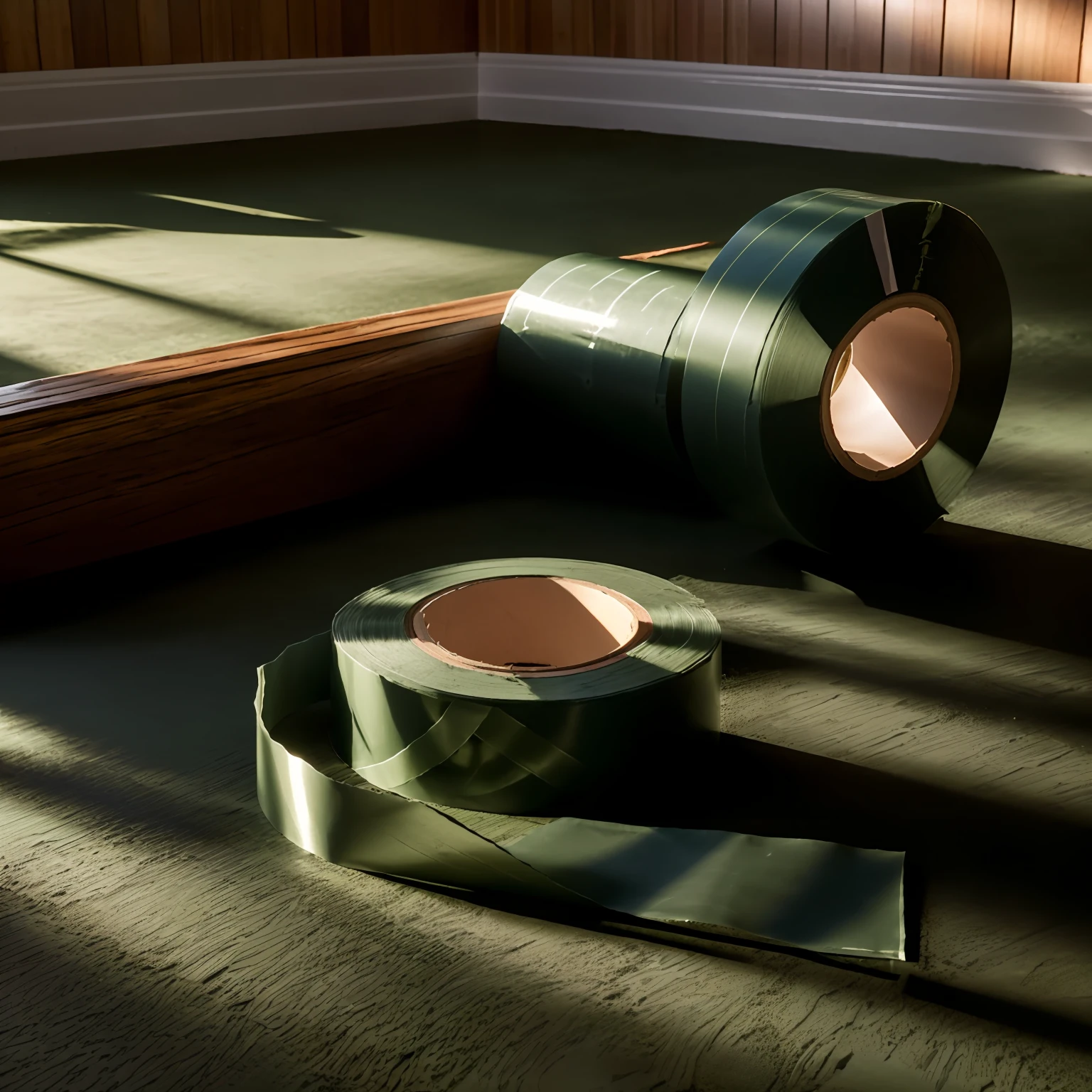 Best quality at best， Close-up of dark green tape usage scene ，Width 45mm，Length 30m，House renovation，Green floor protection film，stitching，Site layout，Floor decoration protection，Background of the real scene，