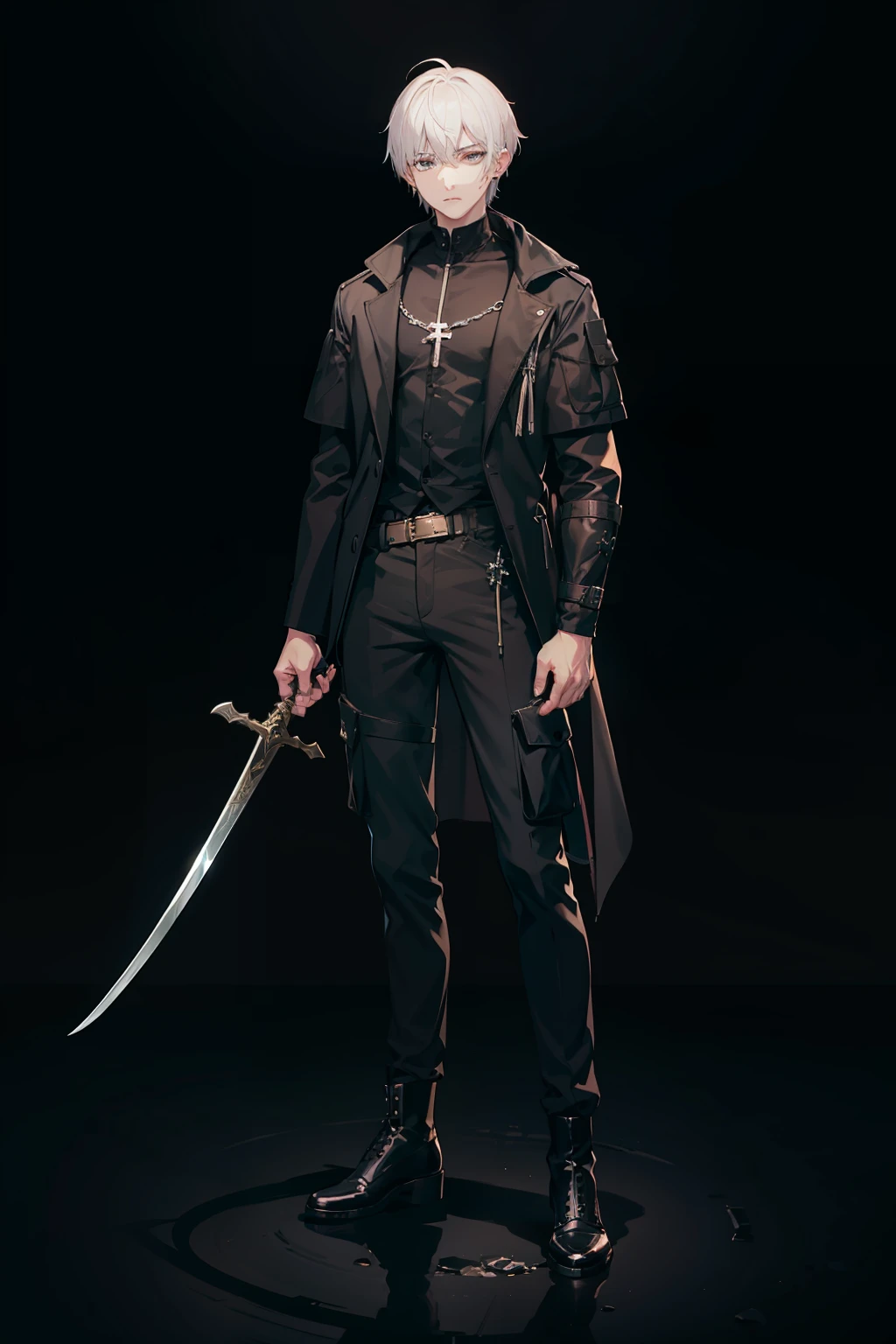 Full body like,White-colored skin,White-colored skin,combat scene,whaite hair,Black pupils,Pure black eyes,Silver-toned stud earrings,shoun,crosses,bandagens,There are bandages on the hands,short detailed hair,Handsome,Libido boy,Highest image quality,the night,the night,warn,male people,hooding,cargo pants,Martin boots,Black pick dye,Long sword,crosses,crosses,nighttime scene,Black cargo pants,Black pantsuit