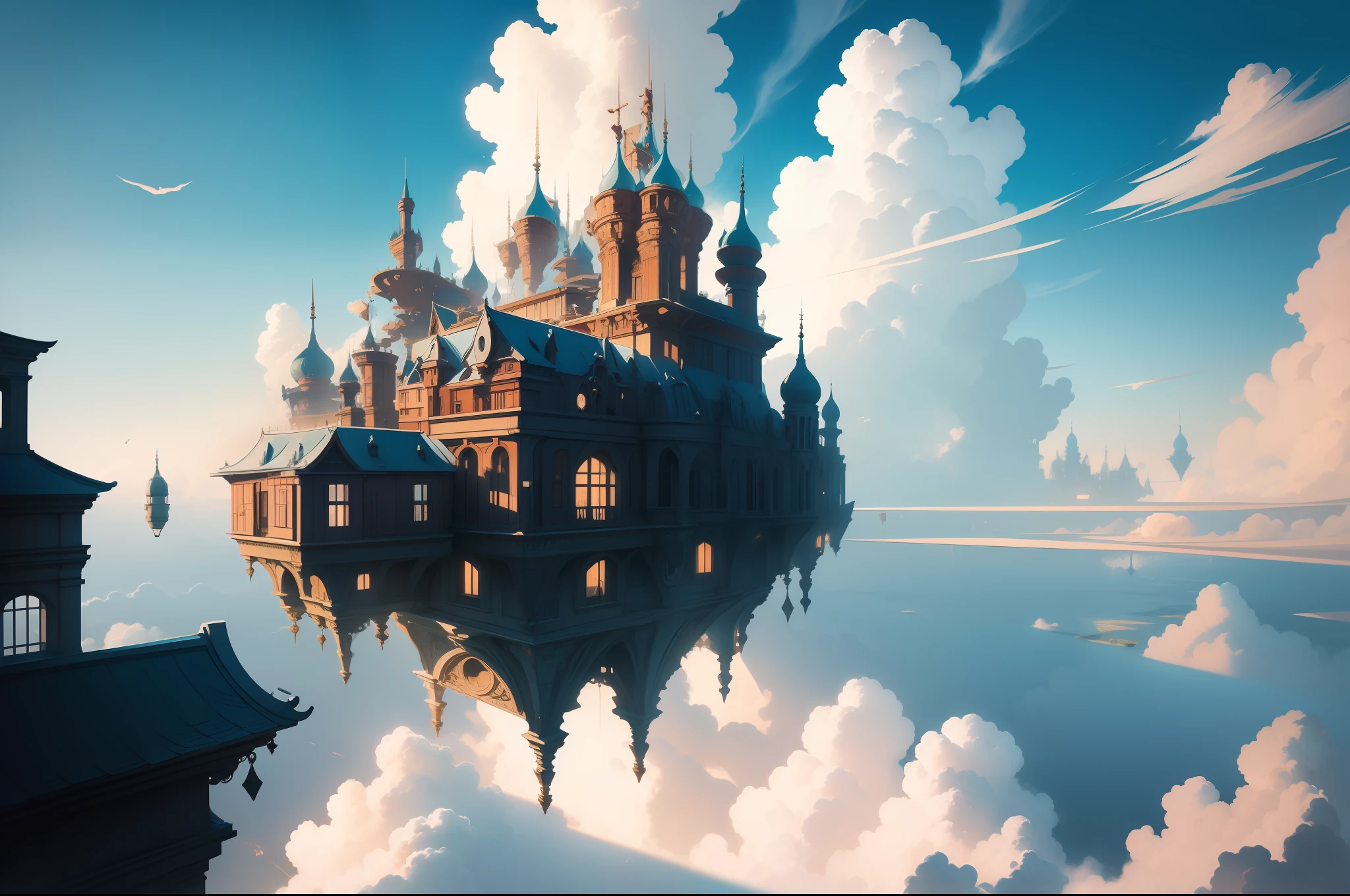 tmasterpiece，illustration，A complex of urban buildings floating in the air，There are white clouds all around；