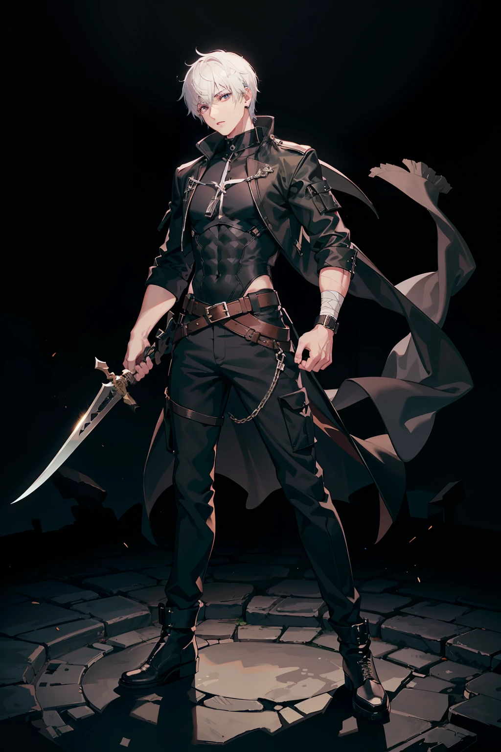 Full body like,White-colored skin,White-colored skin,combat scene,whaite hair,Black pupils,Pure black eyes,Silver-toned stud earrings,shoun,crosses,bandagens,There are bandages on the hands,short detailed hair,Handsome,Libido boy,Highest image quality,the night,the night,warn,male people,hooding,cargo pants,Martin boots,Black pick dye,Long sword,crosses,crosses,nighttime scene,Black cargo pants,Black pantsuit