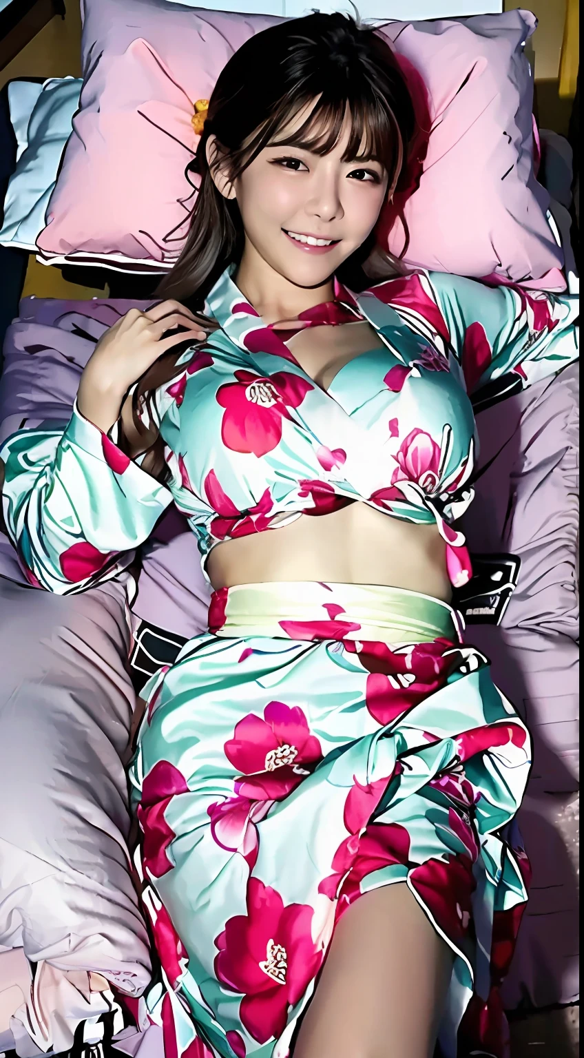 top-quality、超A high resolution、(Photorealsitic:1.4)、女の子1人、inn、floral Yukata、Chest wide open、(A dark-haired:1)、(huge-breasted:1.2)、looking at viewert、Bring your chest together、With his legs wide open、 (Lying on your back on a futon))、a smile