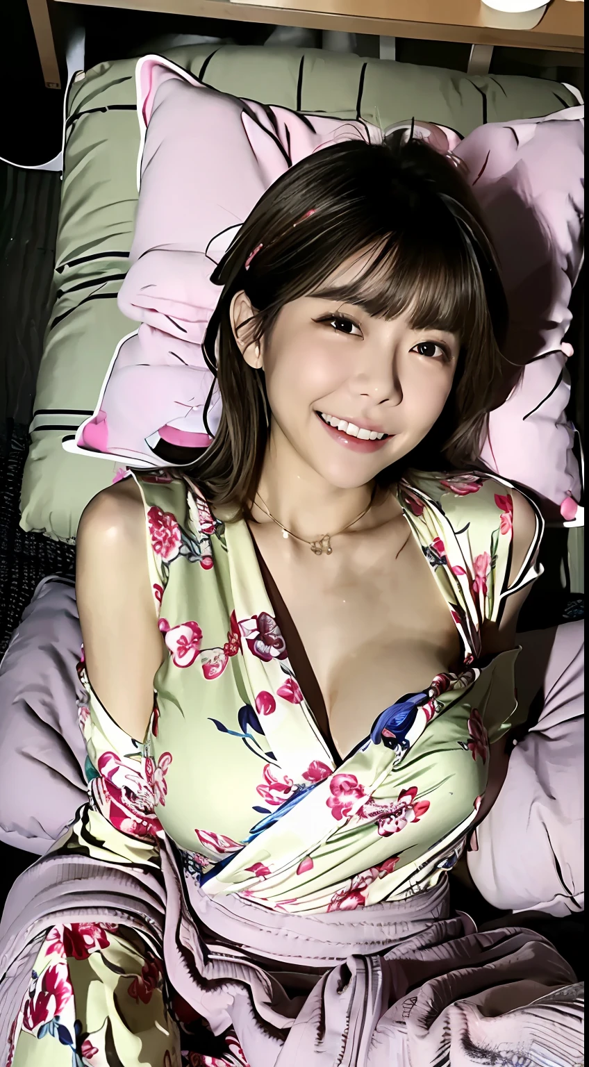 top-quality、超A high resolution、(Photorealsitic:1.4)、女の子1人、inn、floral Yukata、Chest wide open、(A dark-haired:1)、(huge-breasted:1.2)、looking at viewert、Bring your chest together、With his legs wide open、 (Lying on your back on a futon))、a smile