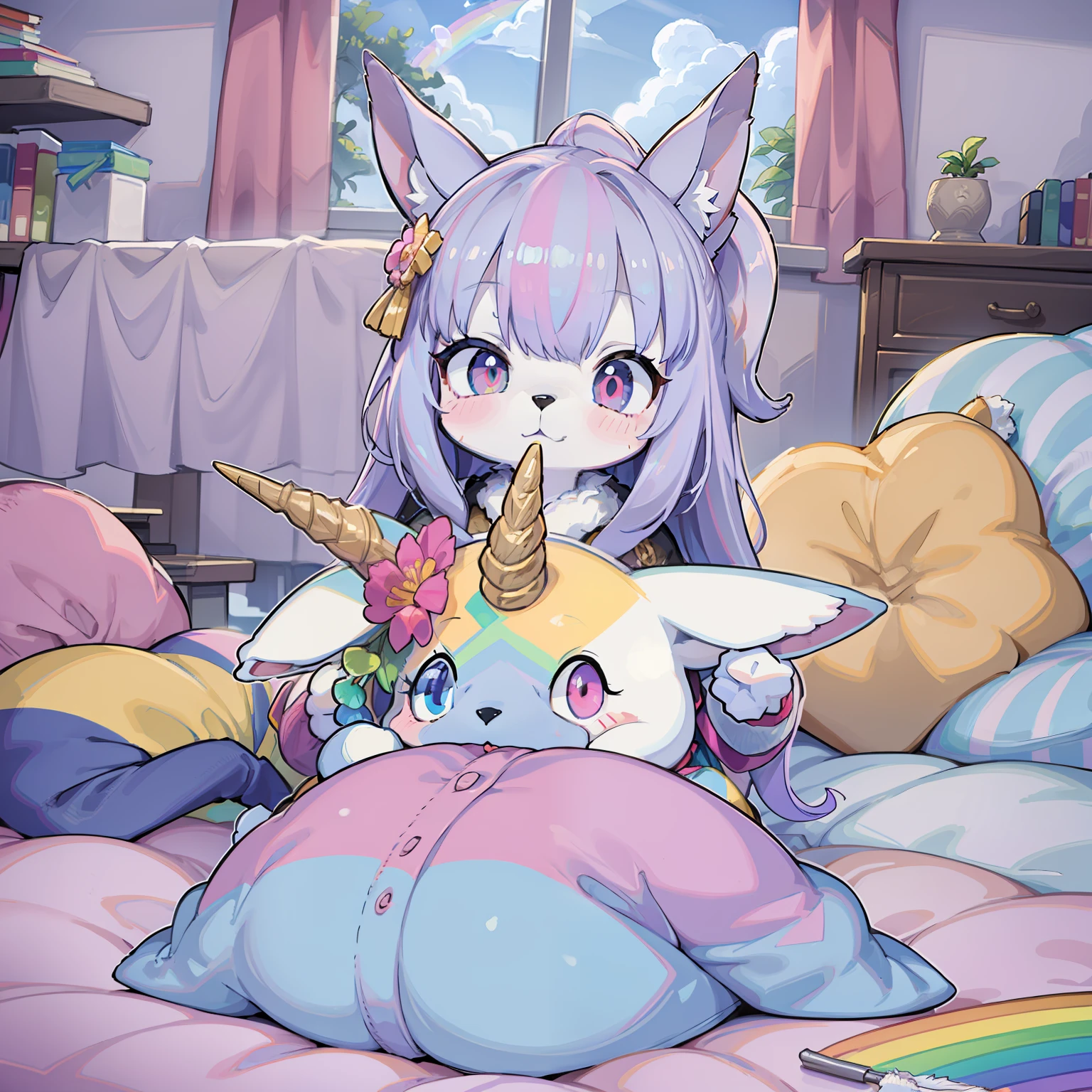 a young wolf with rainbow fur, cartoon, holding a unicorn plush, in a unicorn decorated room,