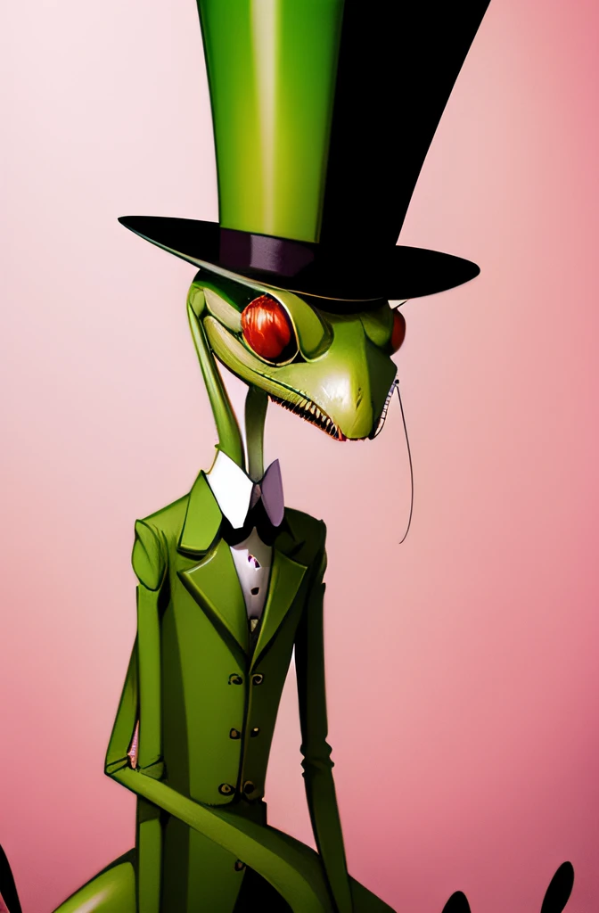 a praying mantis wearing top hat cartoon