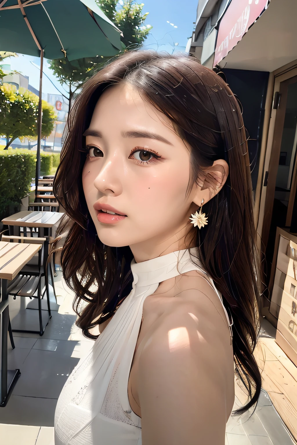 (sleeveless Halter neck offwhite shirt:1.3), (backless, strapless:1.2), (Innocent and Cute girl:1.2), (Layered Hairstyle, Dark-brown hair, wavy hair), medium long hair, (A face with waiting for kissed:1.2), (Watery eye, tearful eyes), 
BREAK, 
(focus on face), ((Upper body shot: 1.2)), (large breasts:1.3), (Standing with gently lifted up her chin:1.3), (looking sideway at viewer:1.2), (from side:1), (in the outdoor stylish cafe:1.2), 
BREAK, 
(Masterpiece: 1.3), high resolution, Ultra HDTV, Cinema light, Ultra HDTV, (Detailed eyes and skin), (Detailed facial features), HDR, 8k resolution, Sharp Focus: 1.2, Perfect style, beautiful face, highly detailed face and skin texture, detailed eyes, double eyelids, thin eyebrows, glitter eyeliner: 1.2, pale cheeks, glossy skin, fair skin: 1.2, shiny little neckless and earrings, glossy lips: 1.2,