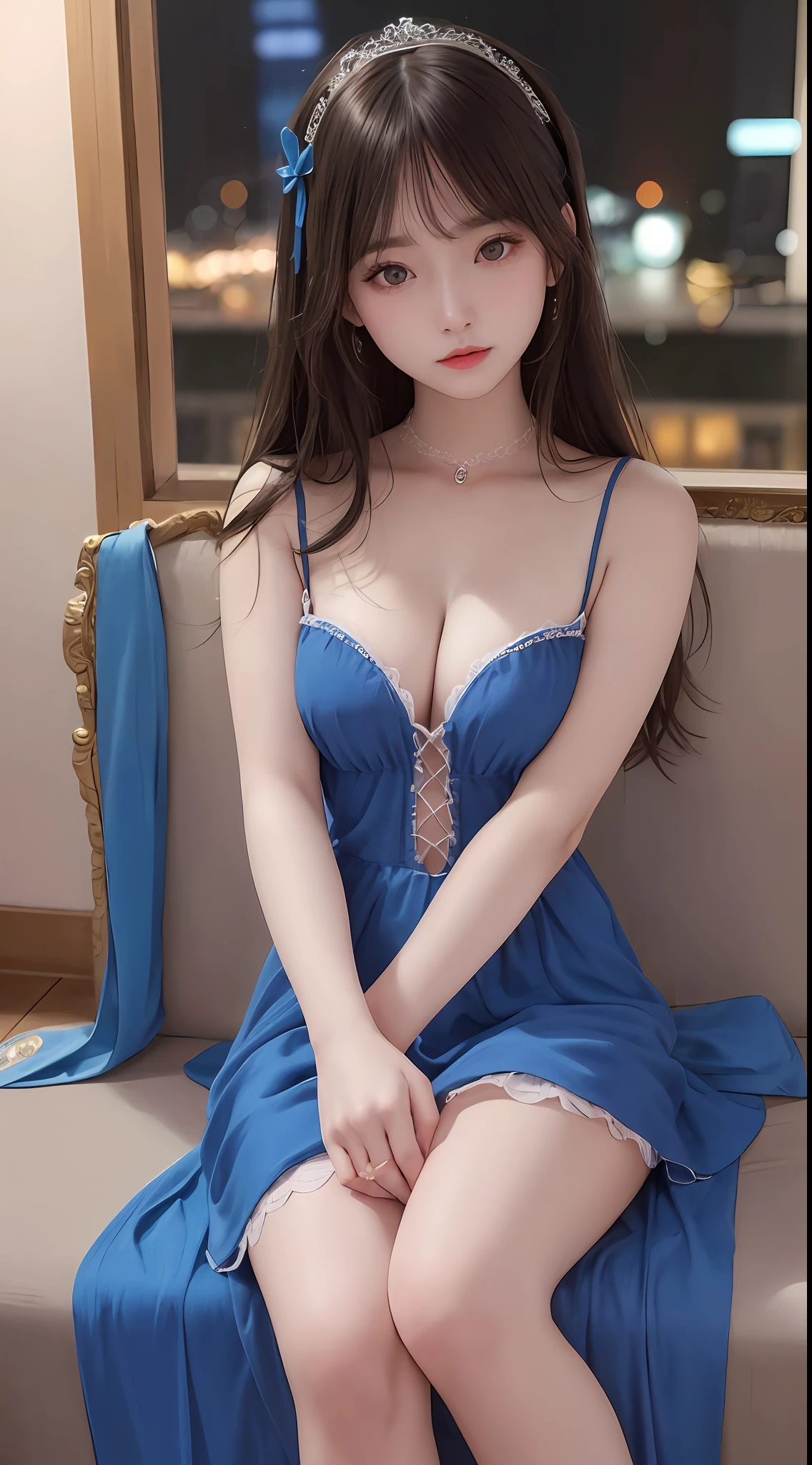 4K Ultra HD, Masterpiece, Very high quality, A girl, Age 20 years girl, Good face, Smooth face, Detailed eyes, Beautiful hair, Very long hair, Hair Band, Cute look, Blue party costume, Blue dress, night club, Different lighting, Sit Pose, Full body capture