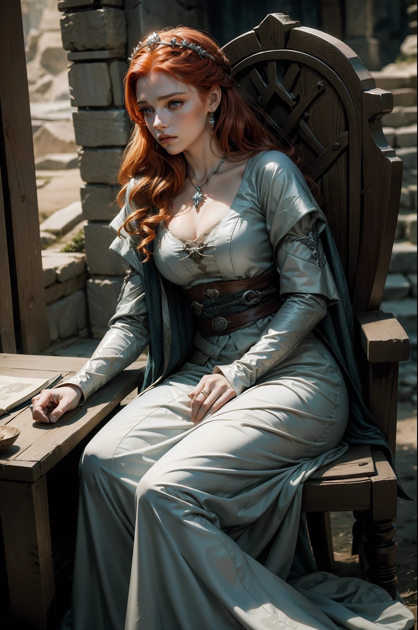uma princesa ruiva, sentado na cadeira de rodas, vestindo roupas medievais, melancholic, Estilo Game of Thrones
