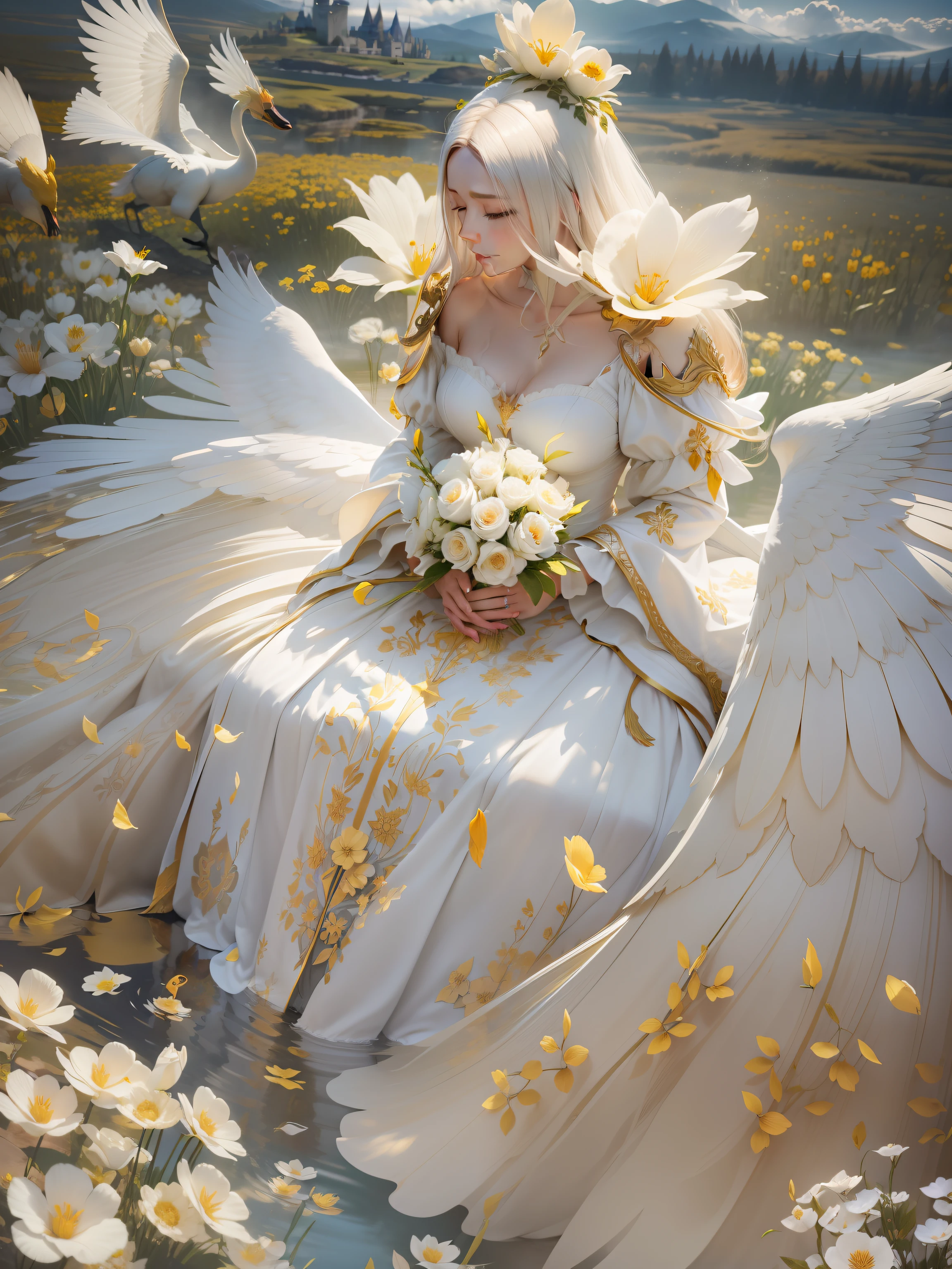 Flowers like castles from a golden spring tower over a beautiful Lady fare, in the spring of eternal sun she bathes her alabaster form to a symphony of trumpeter swans the flay in the sunbeam shy of assure and cotton cloud A extreme 90 meters long shot octane render, high quality hyperdetailed 24k photorealistic